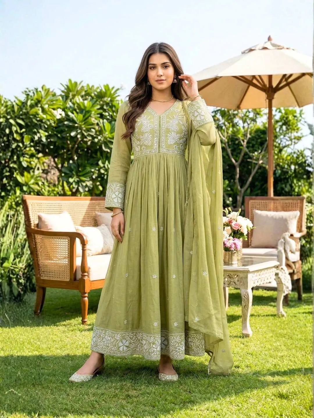 OLIVE BLOOM EMBROIDERED ANARKALI SUIT SET