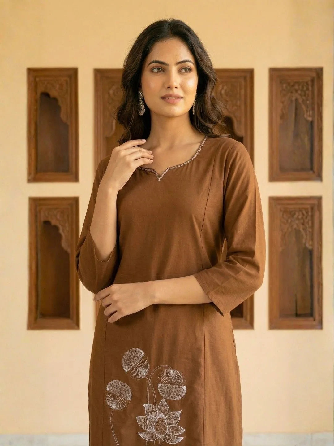 BROWN LOTUS EMBROIDERED STRAIGHT KURTA SET