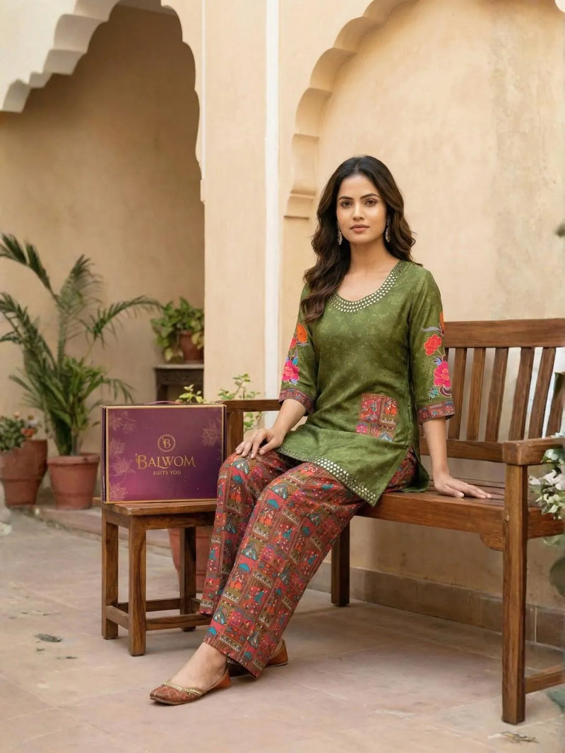 OLIVE RAAG MIRROR WORK PURE CREPE  CO-ORD SET