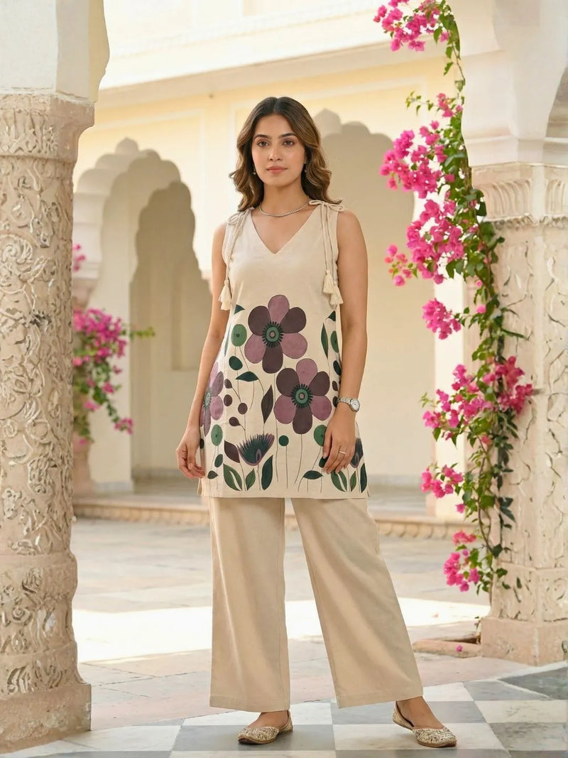 BEIGE FLORAL GRACE 100% PURE COTTON  TUNIC