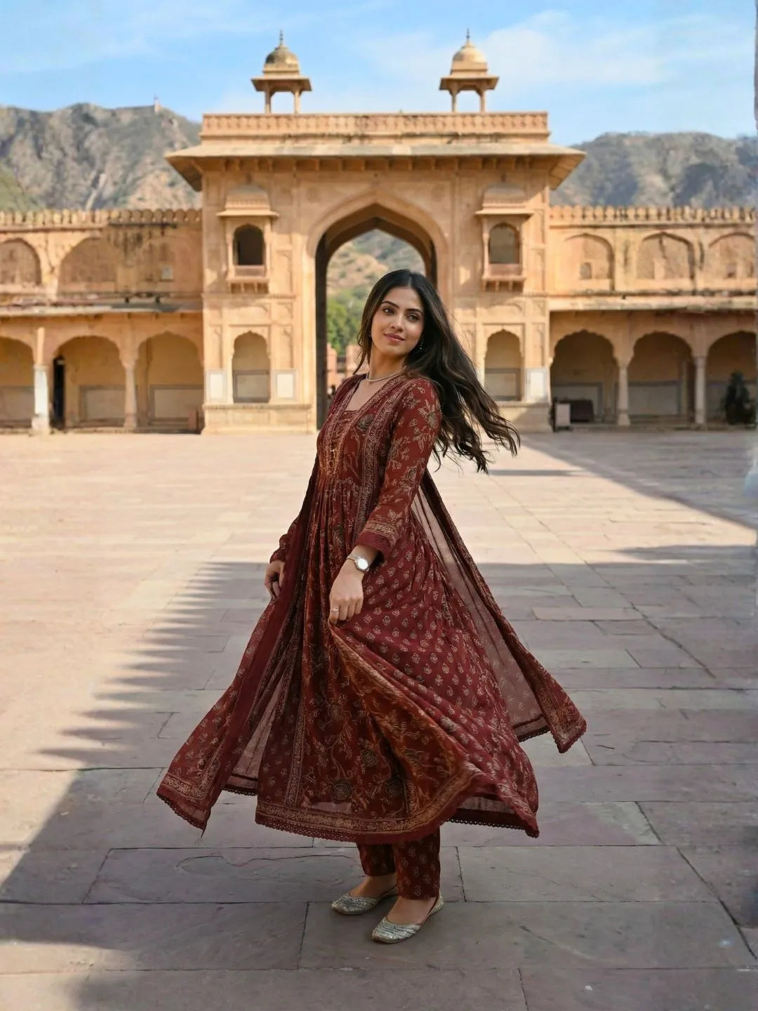 SHAHI MAROON ANARKALI HANDWORK SUIT SET