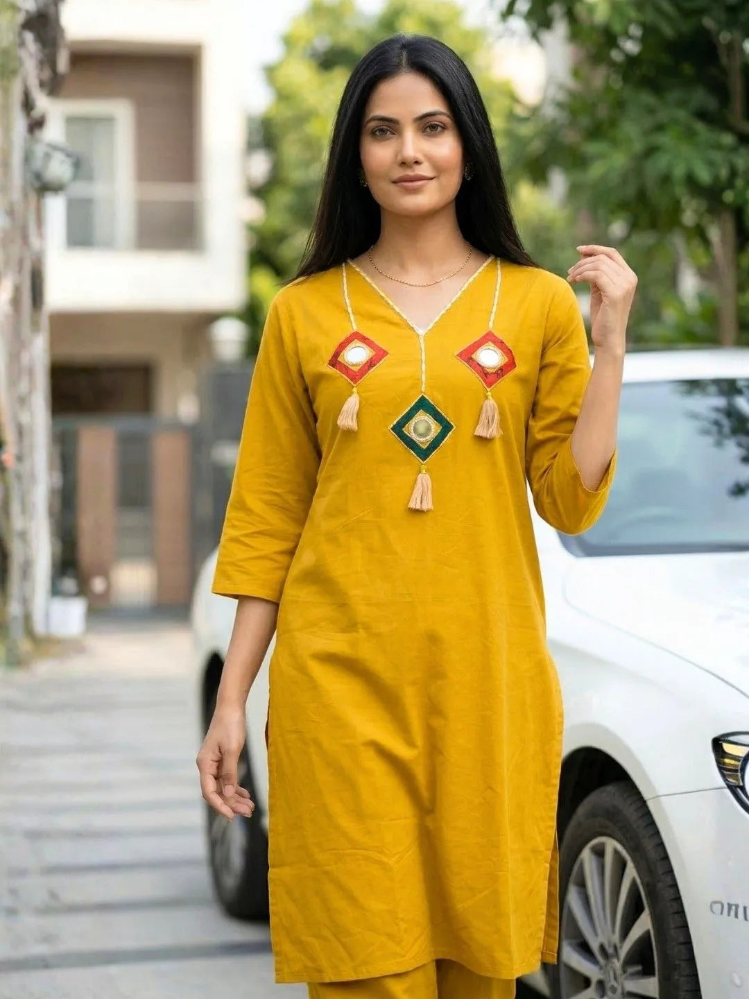 MUSTARD EMBROIDERED STRAIGHT KURTA SET
