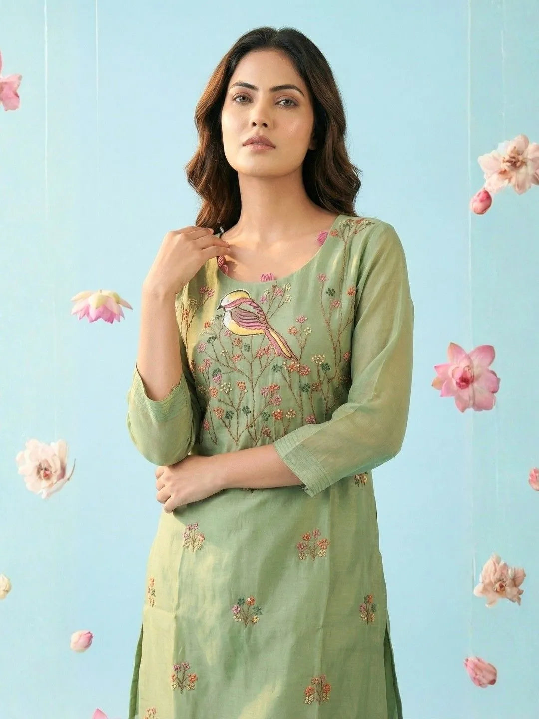MINT GREEN BIRD EMBROIDERED KURTA SET