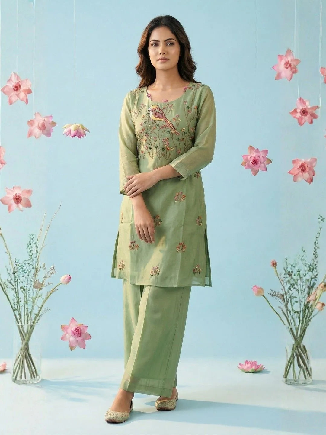 MINT GREEN BIRD EMBROIDERED KURTA SET