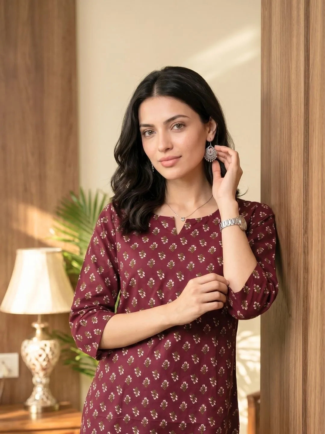 BURGUNDY  FLORAL BLOCK PRINT SHORT TOP