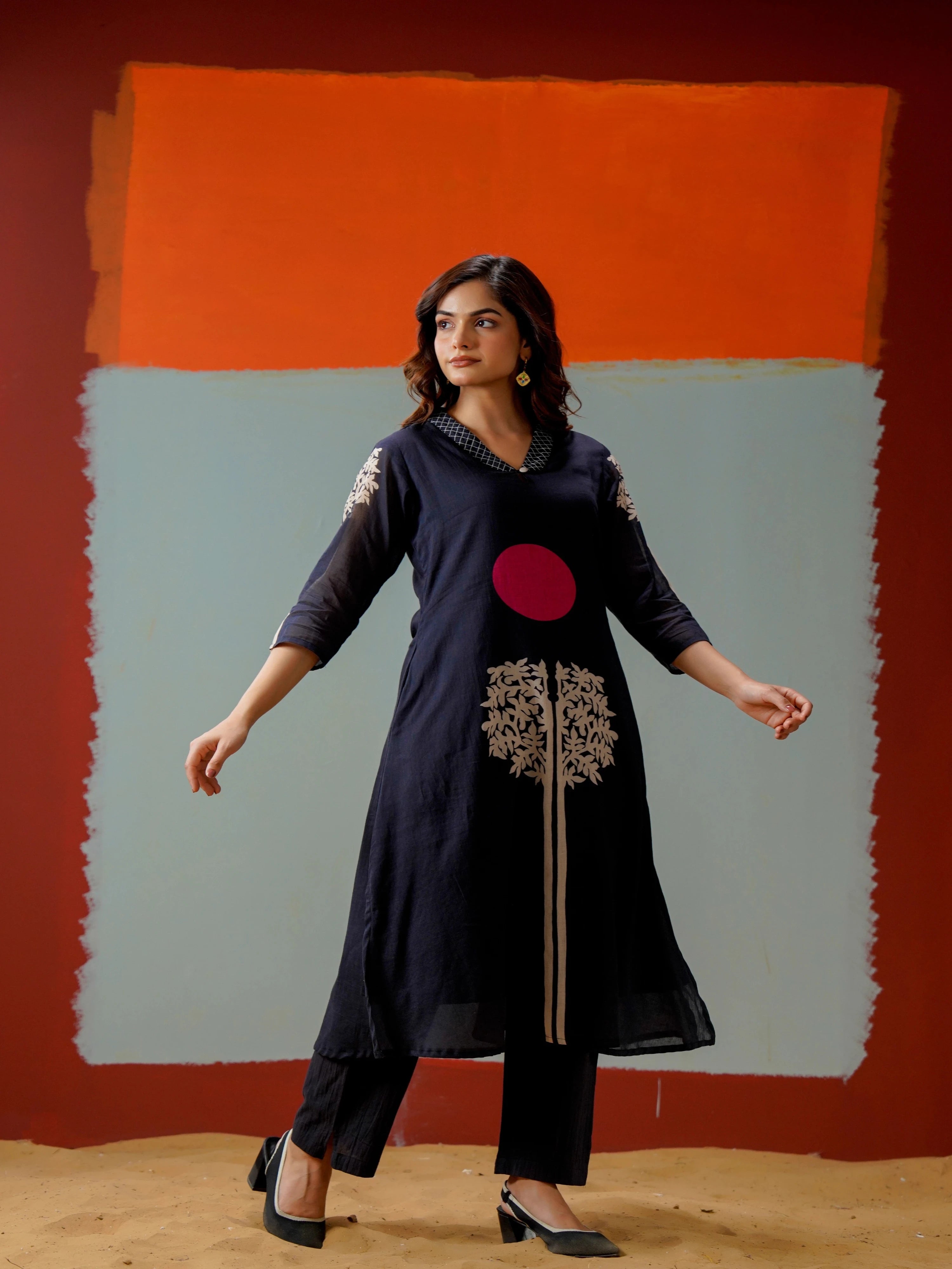 NAVY TREE OF LIFE KURTA SET