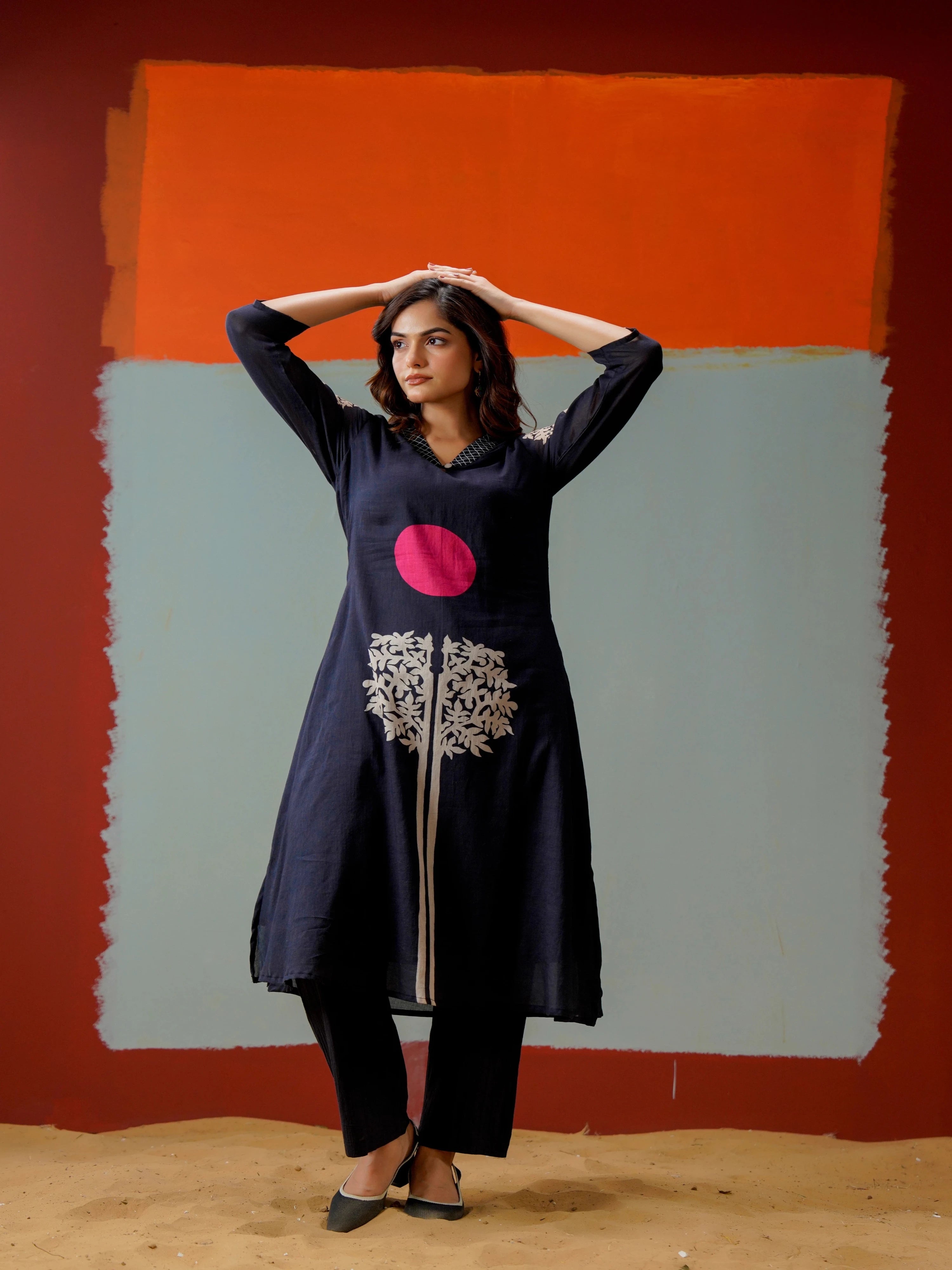 NAVY TREE OF LIFE KURTA SET