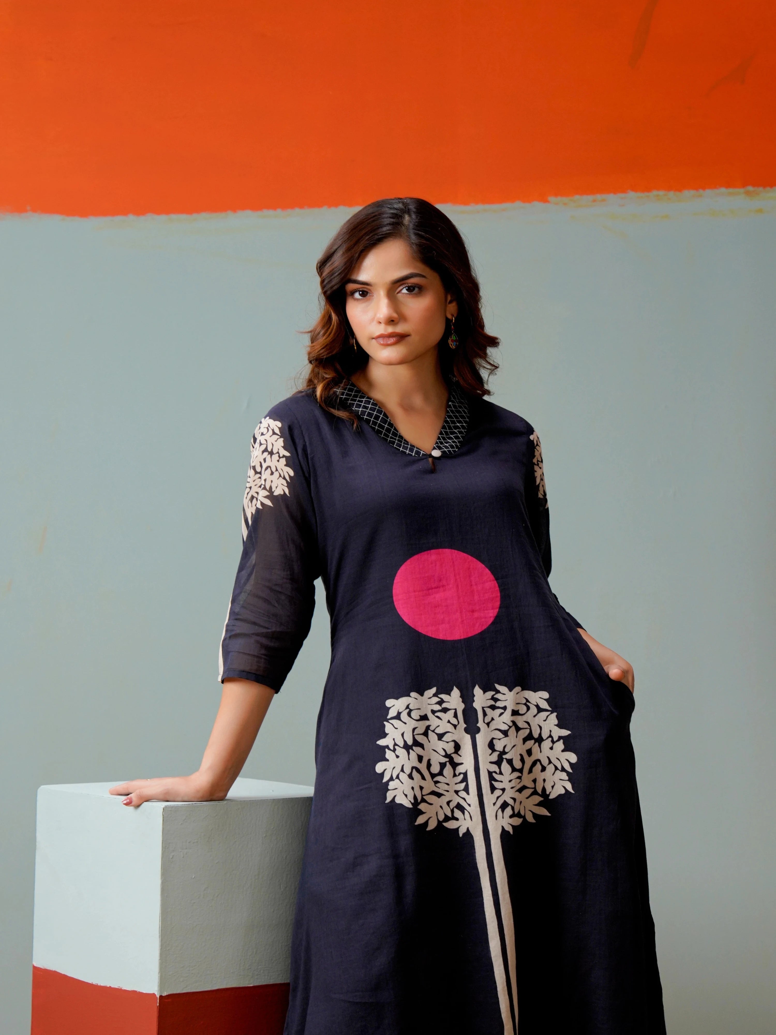 NAVY TREE OF LIFE KURTA SET