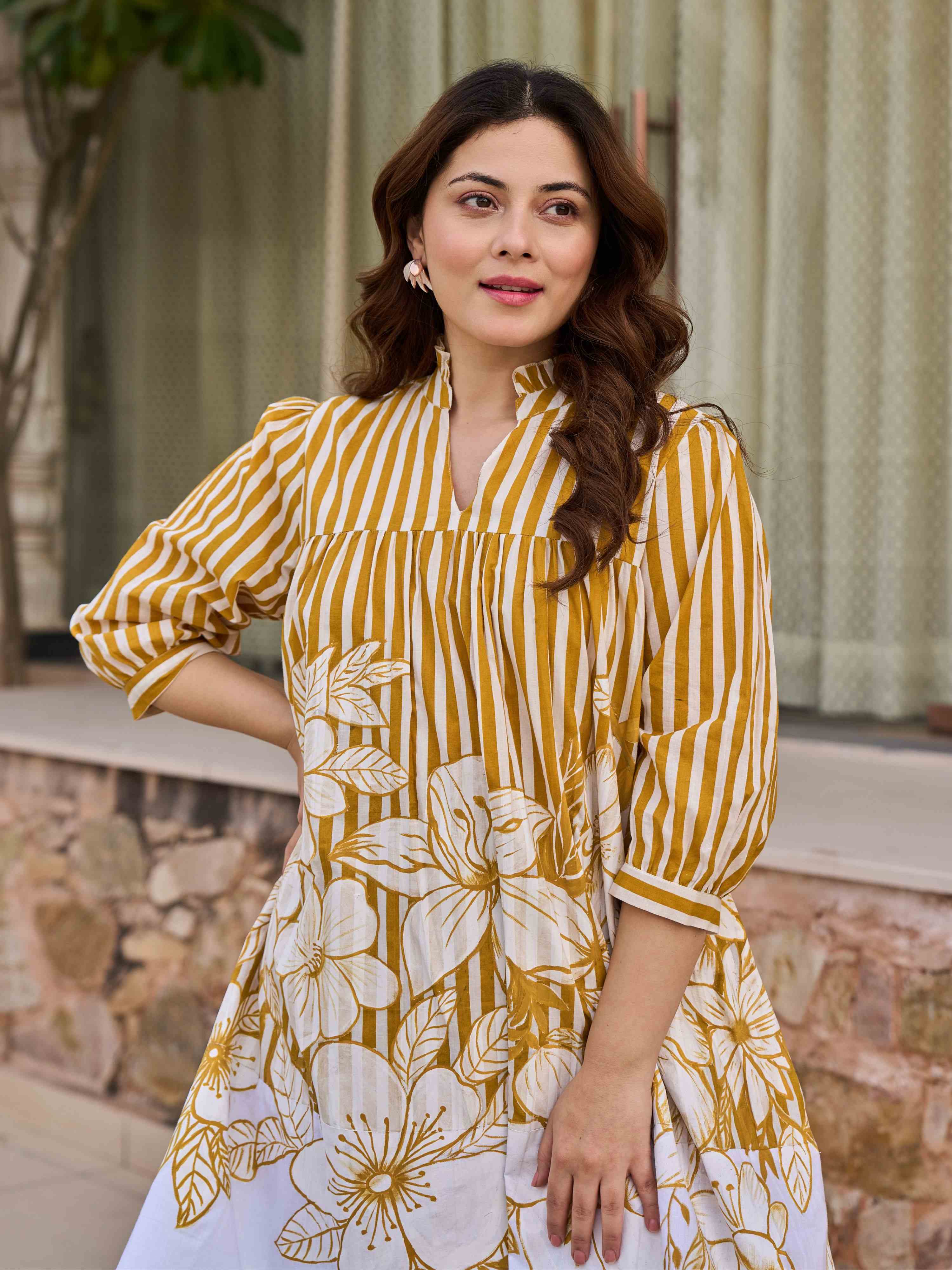 EARTHY BLOOM SWING FIT PURE COTTON SHORT DRESS
