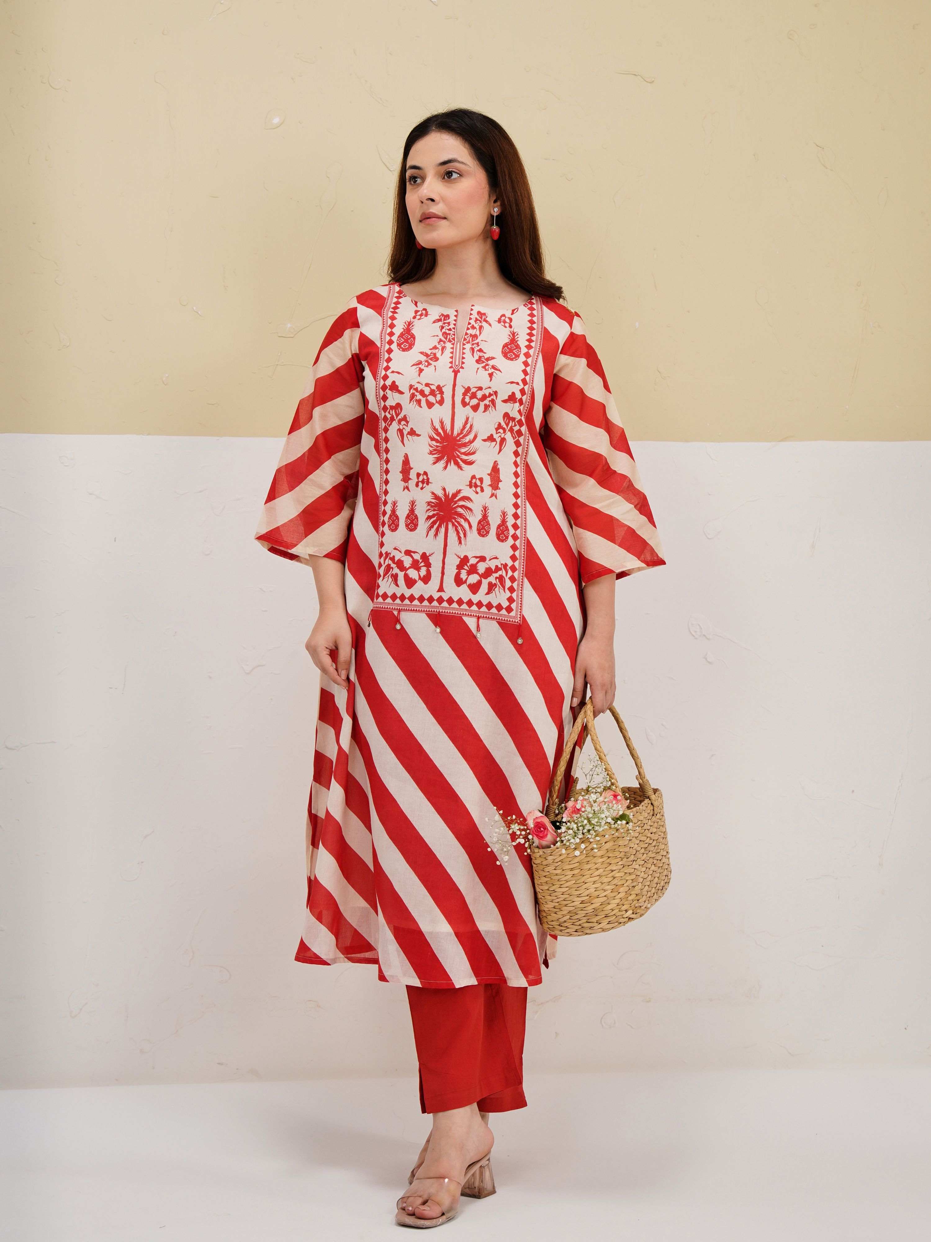 TROPICAL RED STORY PURE MUL COTTON KURTA SET