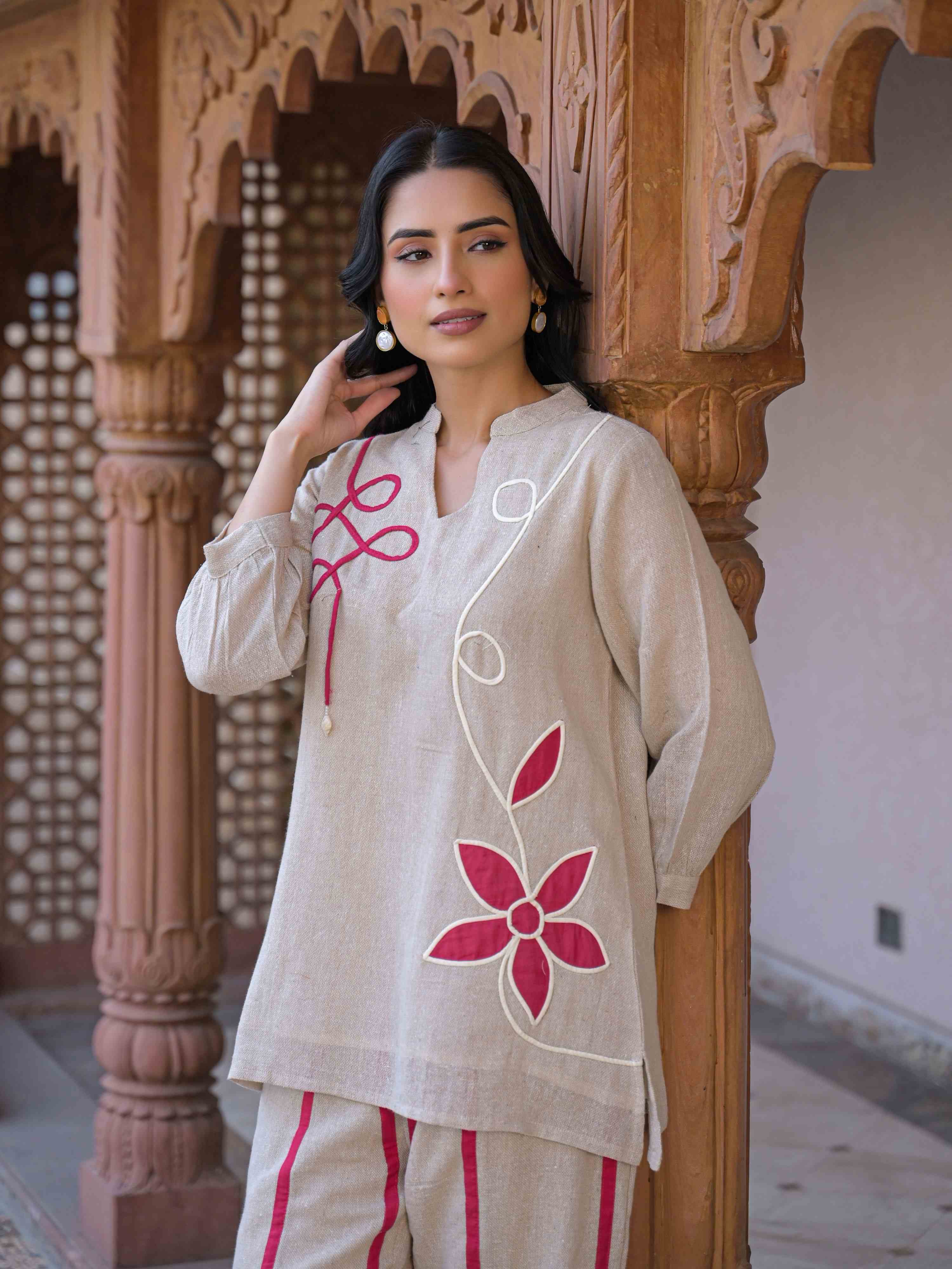 MAGENTA BLOSSOM PURE LINEN EMBROIDERED CO-ORD  SET