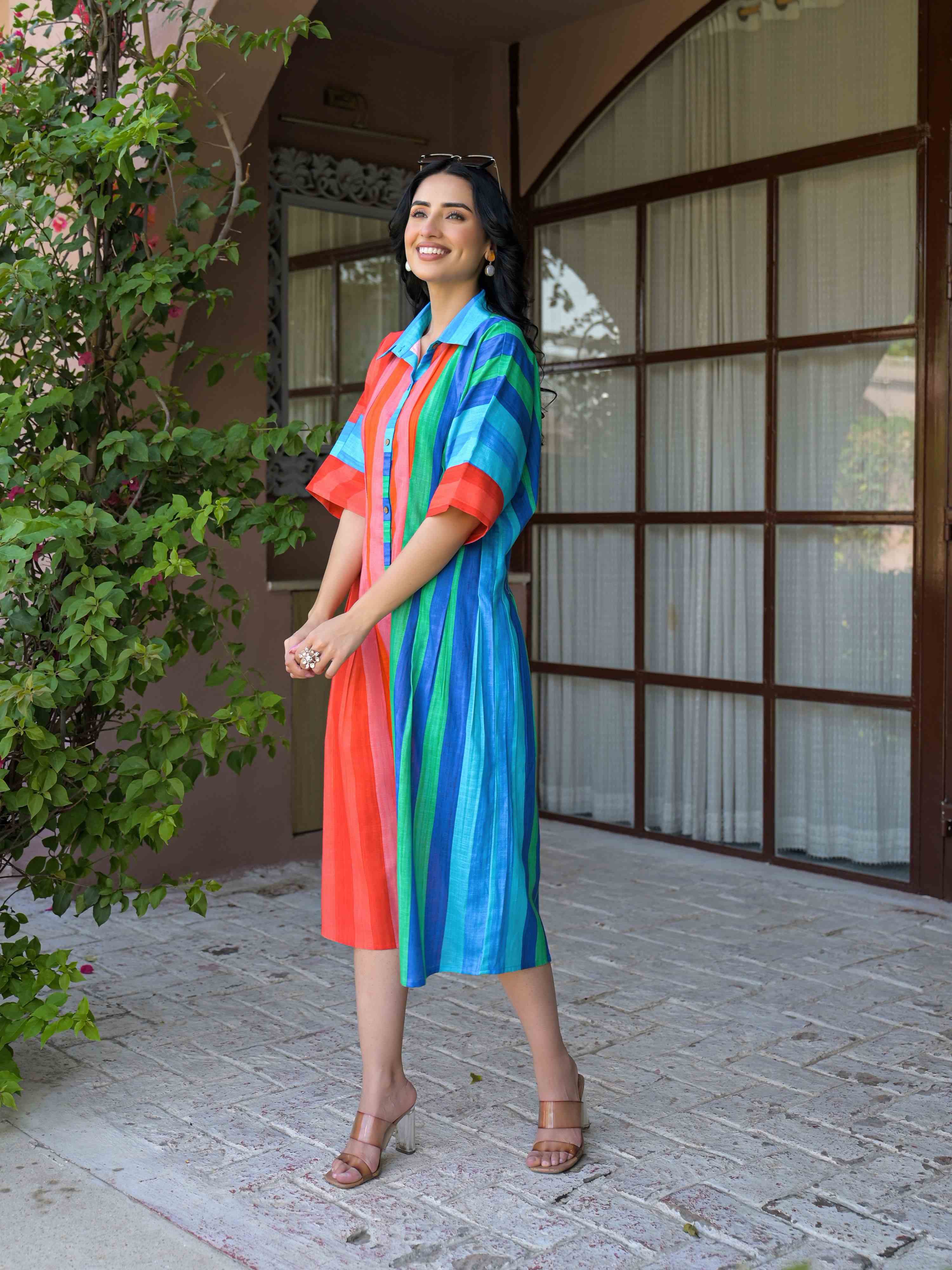 VIBRANT MULTICOLOR STRIPED MUL COTTON LONG DRESS