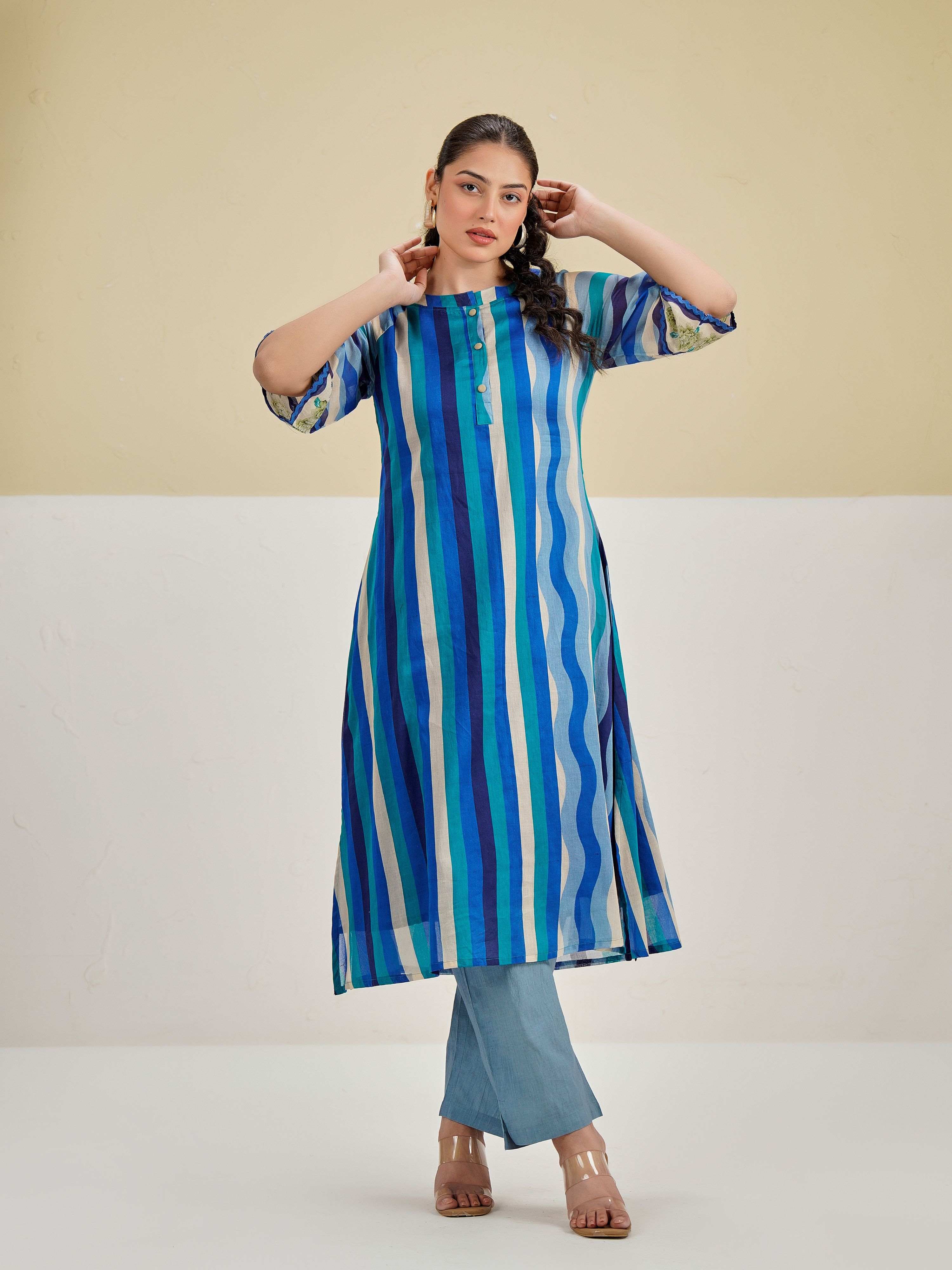 SEA BREEZE STRIPE PURE MUL COTTON KURTA SET