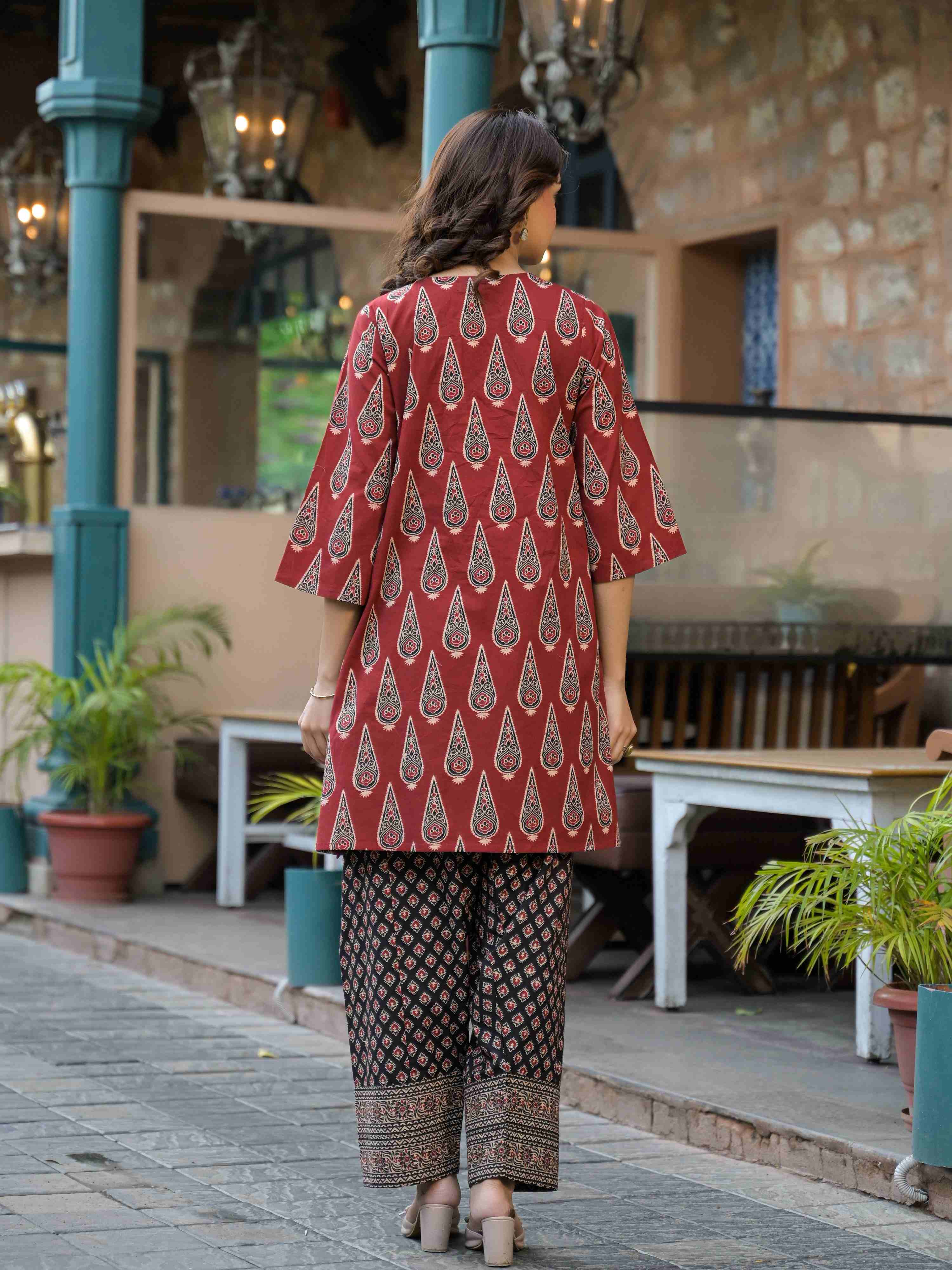 RUST RED AJRAK PRINTED WITH EMBROIDERED  FARSHI SALWAR CO-ORD SET