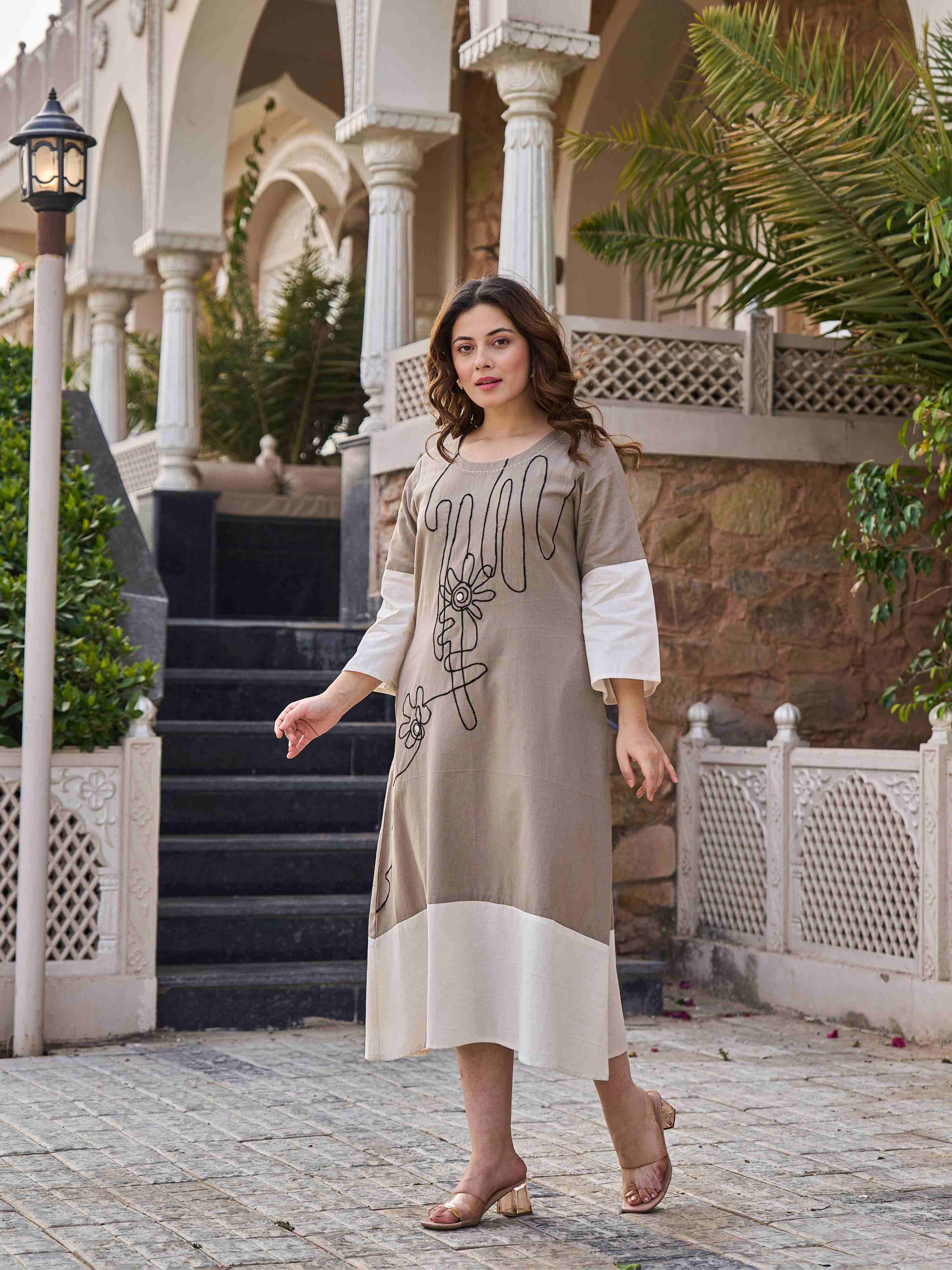 BOHO CHIC EMBROIDERED FLARE PURE FLEX COTTON LONG DRESS