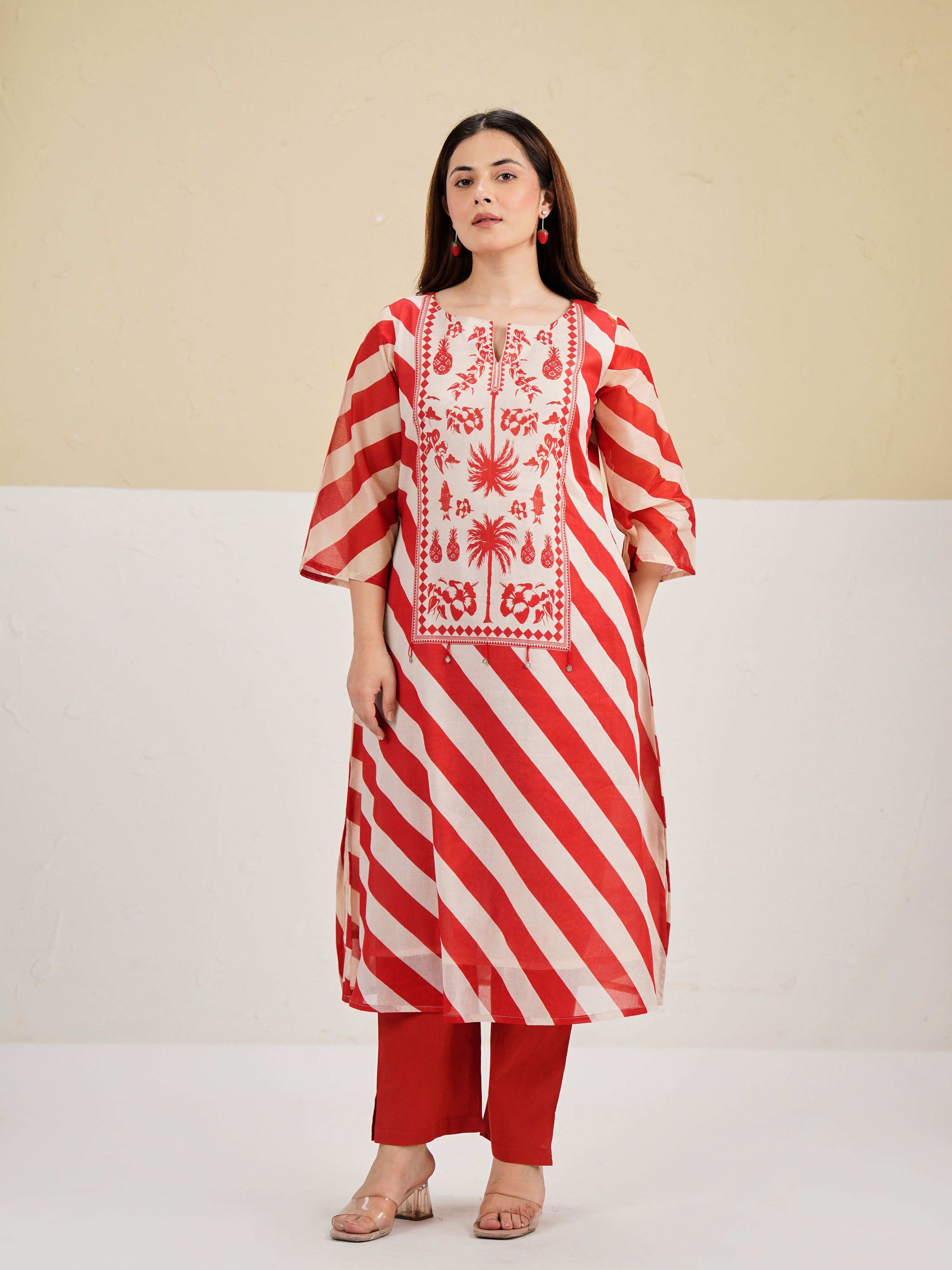 TROPICAL RED STORY PURE MUL COTTON KURTA SET