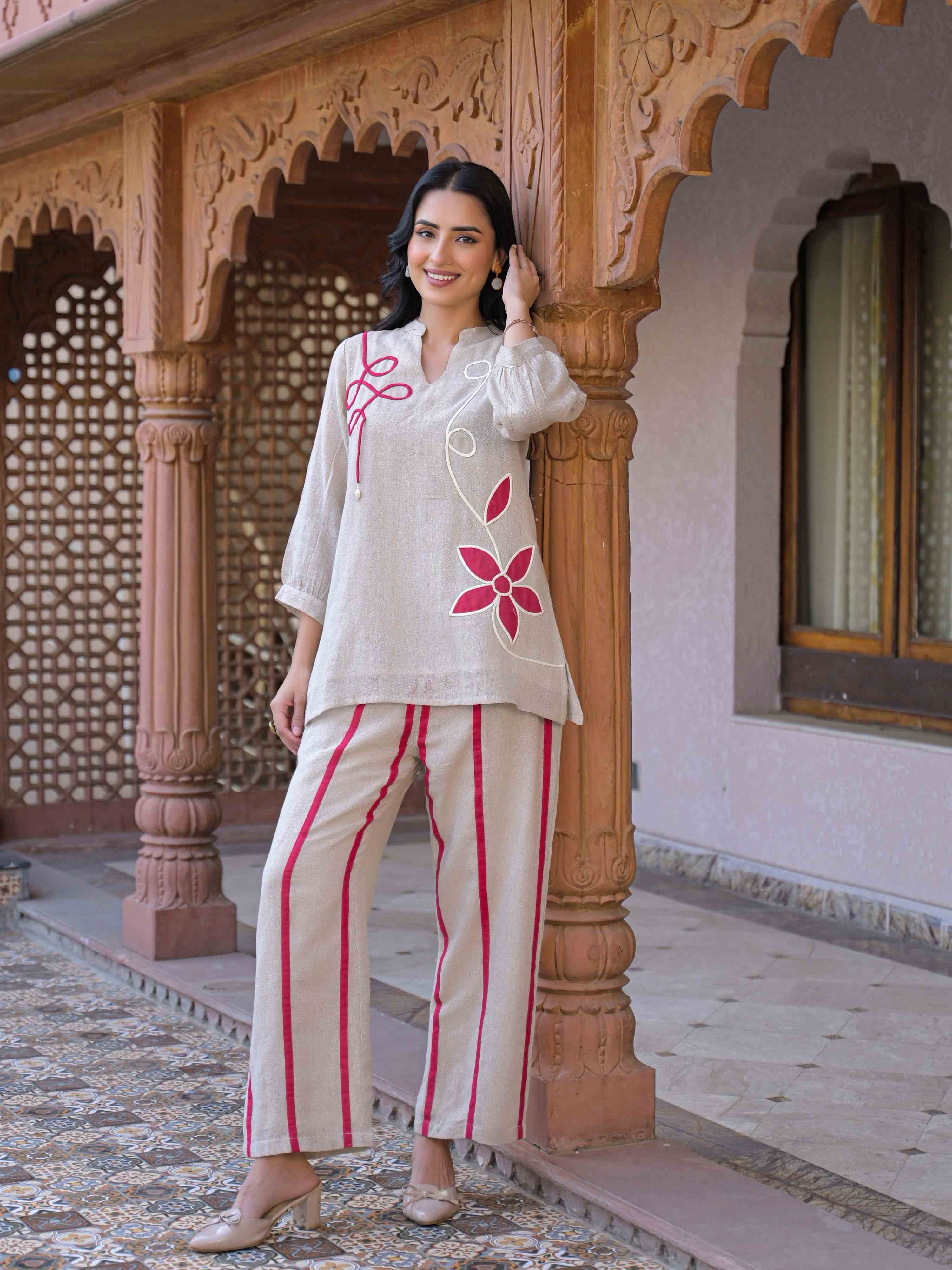 MAGENTA BLOSSOM PURE LINEN EMBROIDERED CO-ORD  SET