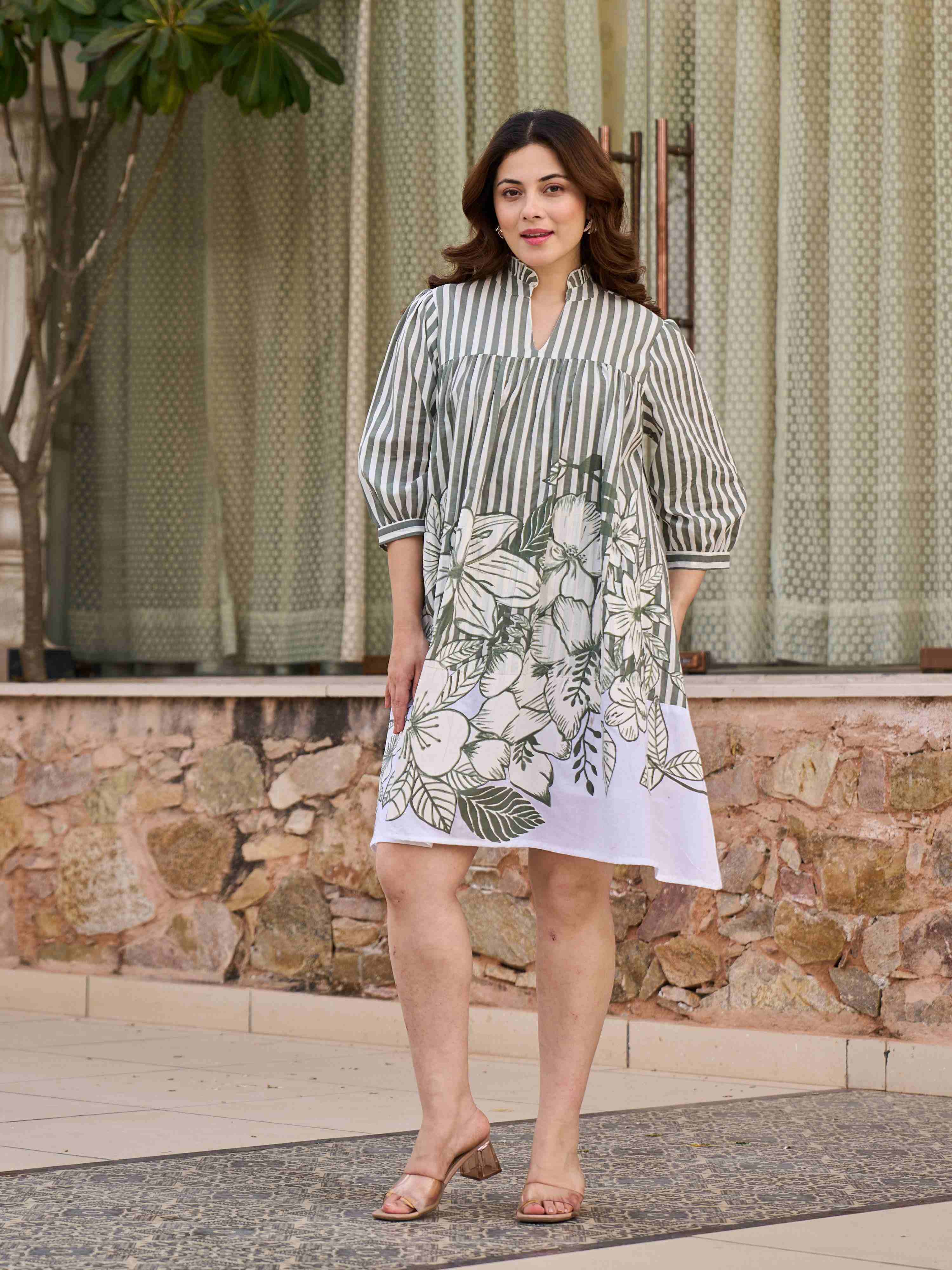 BOTANICAL STRIPE CHARM PURE COTTON SHORT DRESS