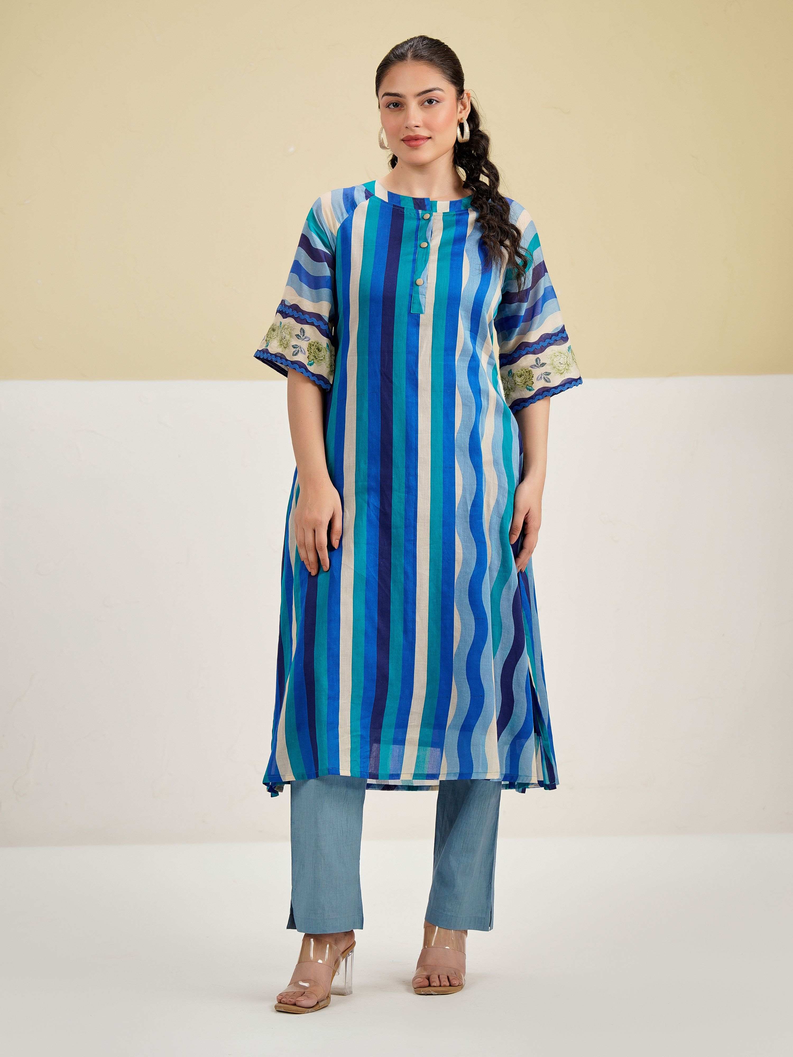 SEA BREEZE STRIPE PURE MUL COTTON KURTA SET