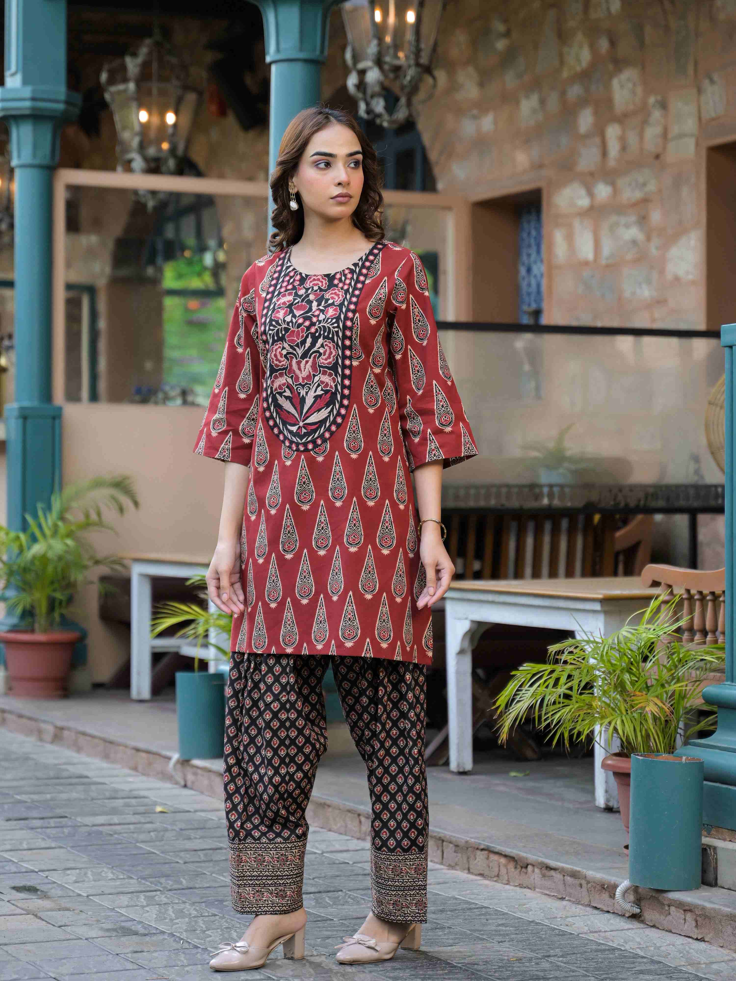 RUST RED AJRAK PRINTED WITH EMBROIDERED  FARSHI SALWAR CO-ORD SET