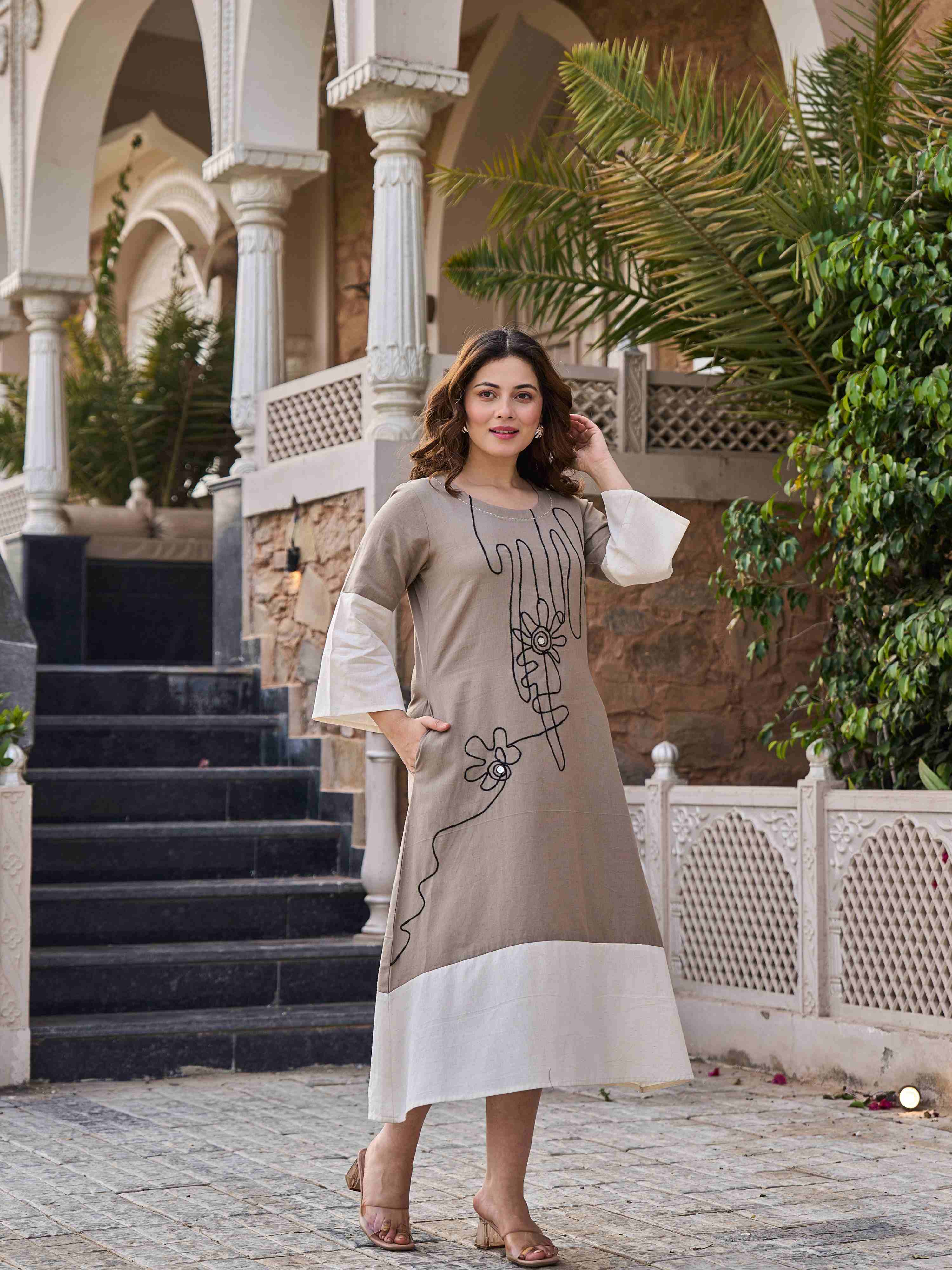BOHO CHIC EMBROIDERED FLARE PURE FLEX COTTON LONG DRESS