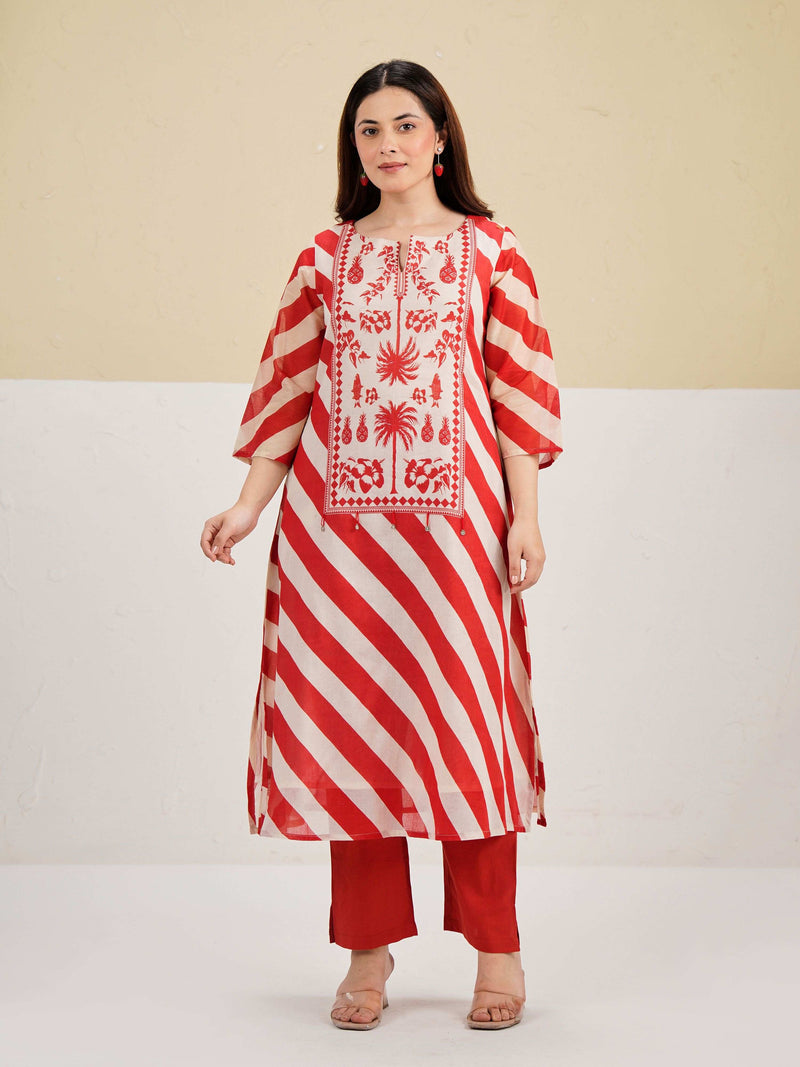 TROPICAL RED STORY PURE MUL COTTON KURTA SET