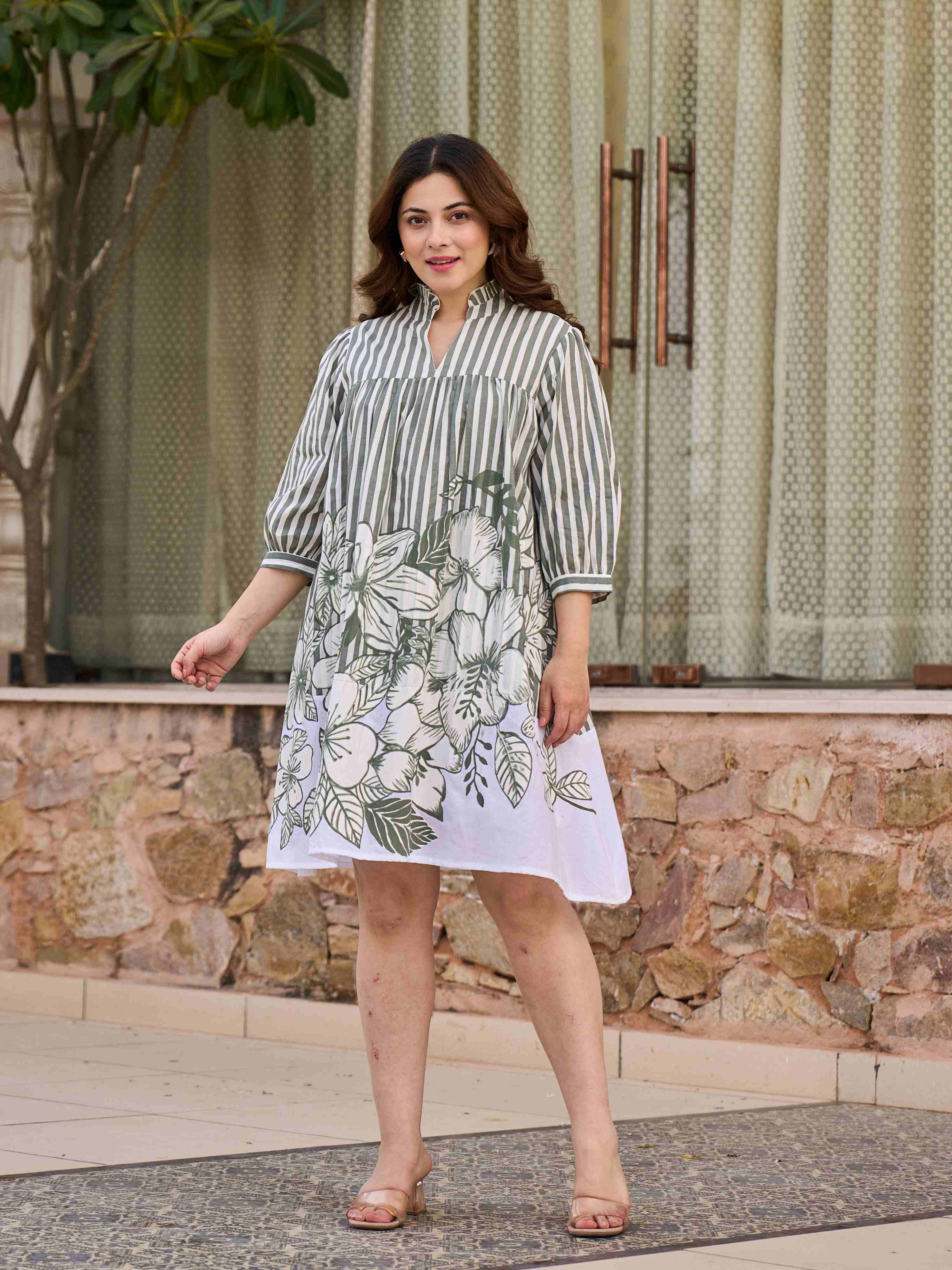 BOTANICAL STRIPE CHARM PURE COTTON SHORT DRESS