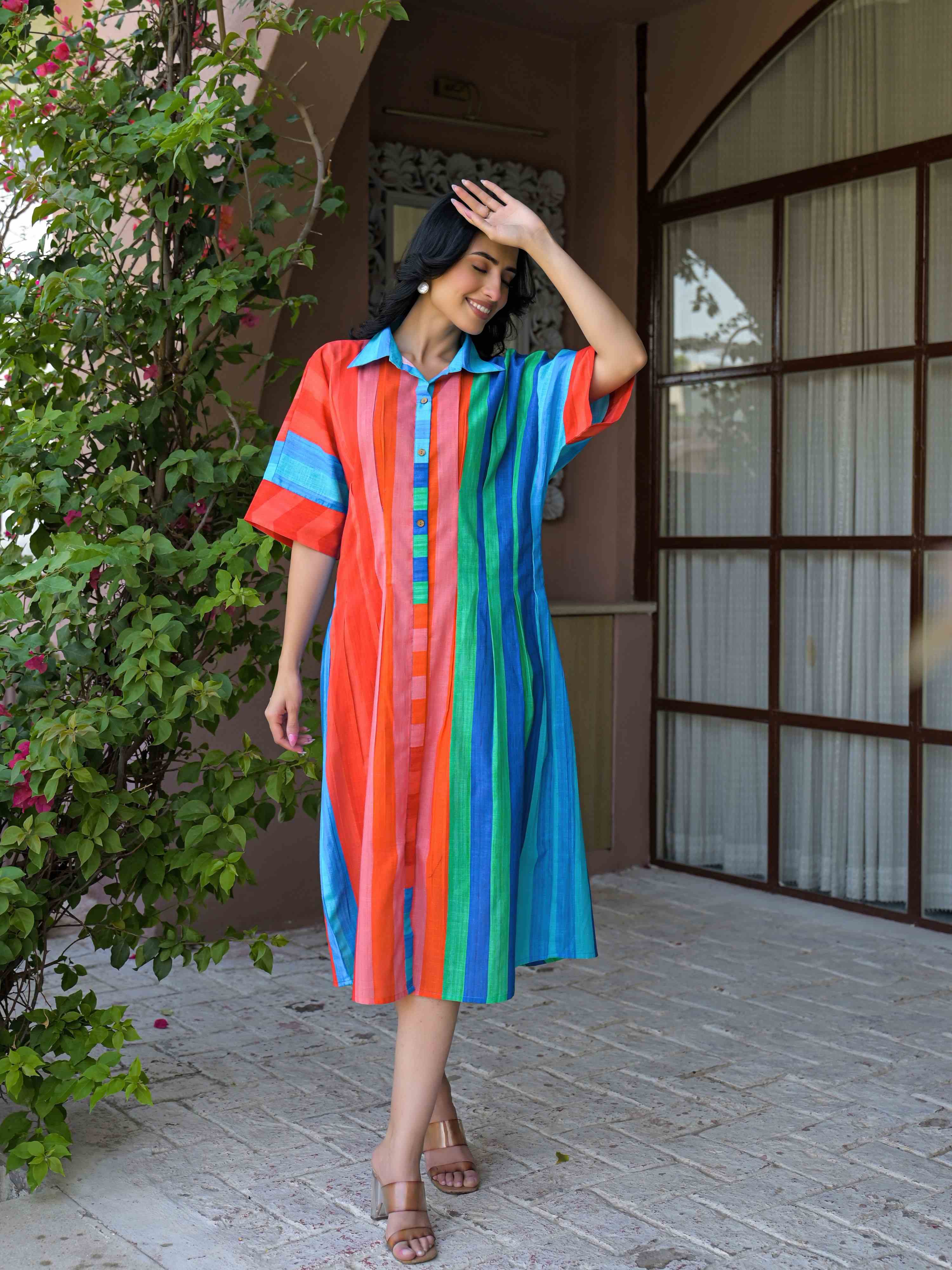VIBRANT MULTICOLOR STRIPED MUL COTTON LONG DRESS