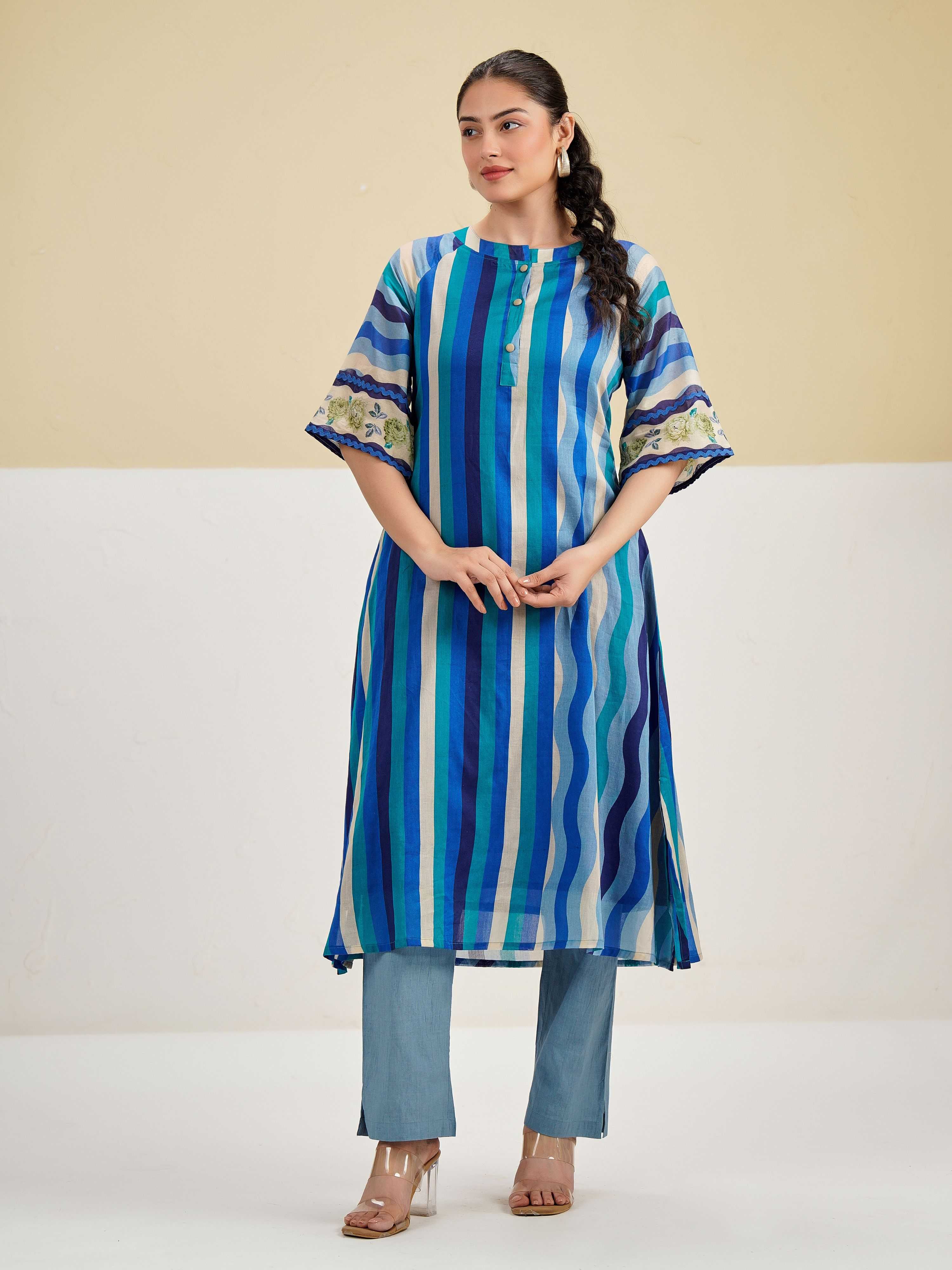 SEA BREEZE STRIPE PURE MUL COTTON KURTA SET