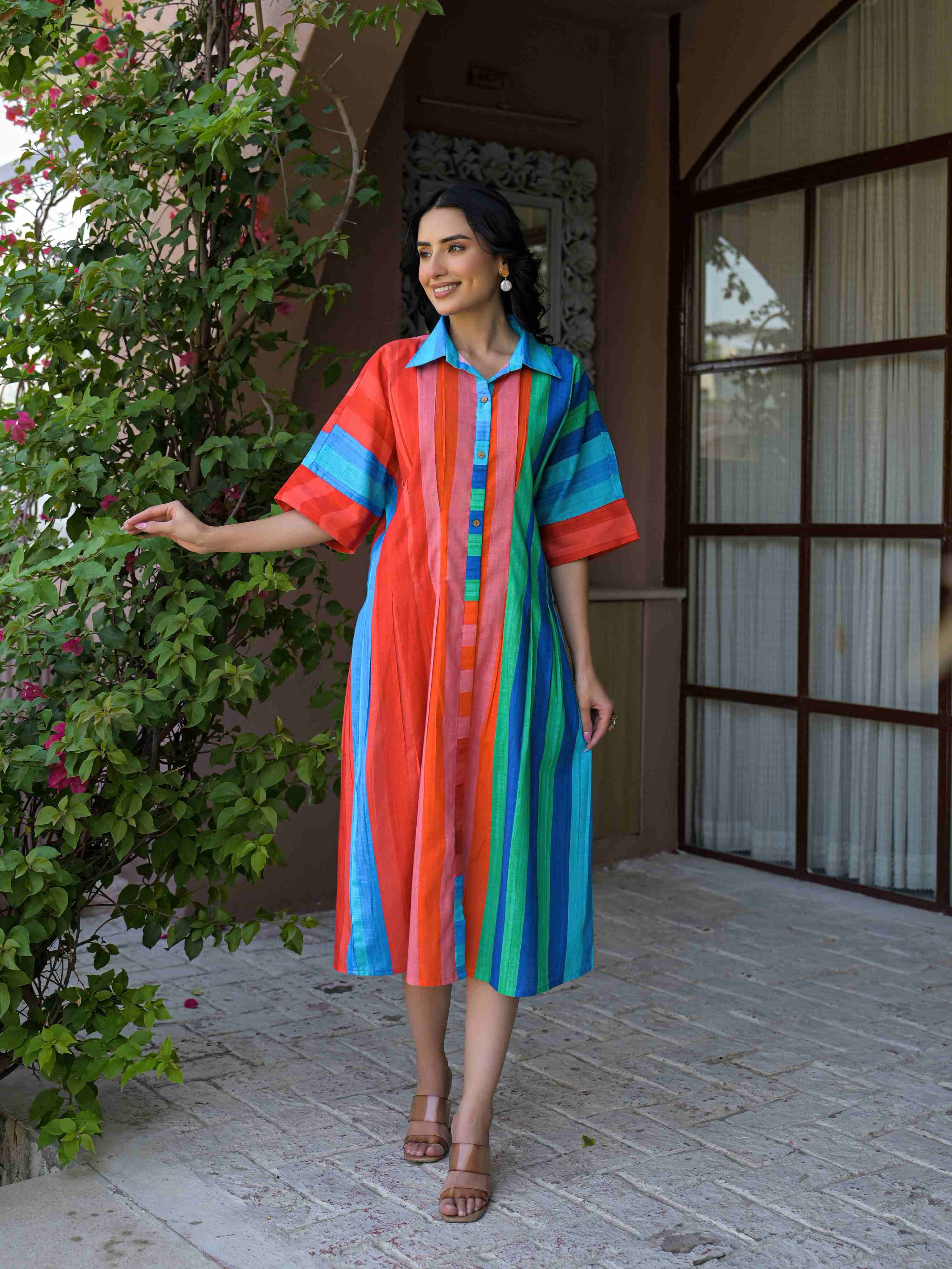 VIBRANT MULTICOLOR STRIPED MUL COTTON LONG DRESS