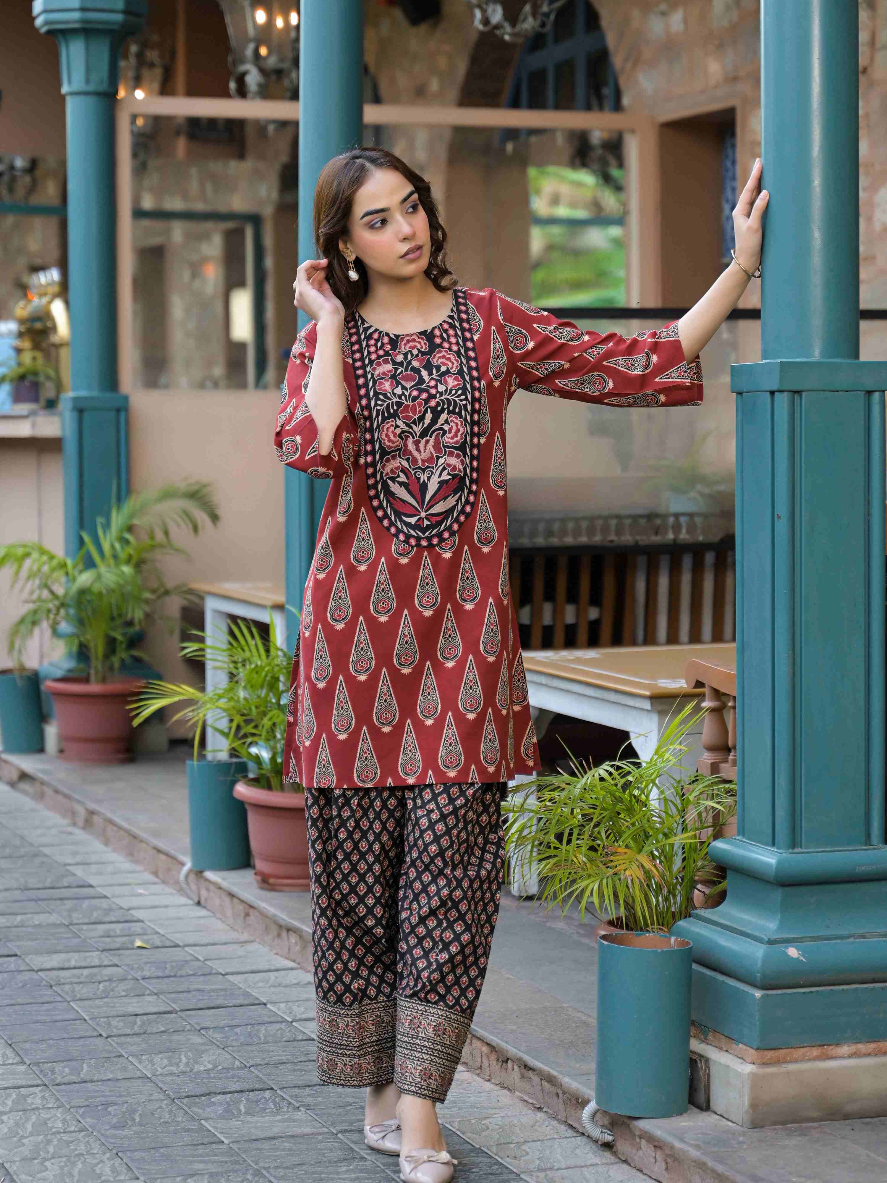 RUST RED AJRAK PRINTED WITH EMBROIDERED  FARSHI SALWAR CO-ORD SET