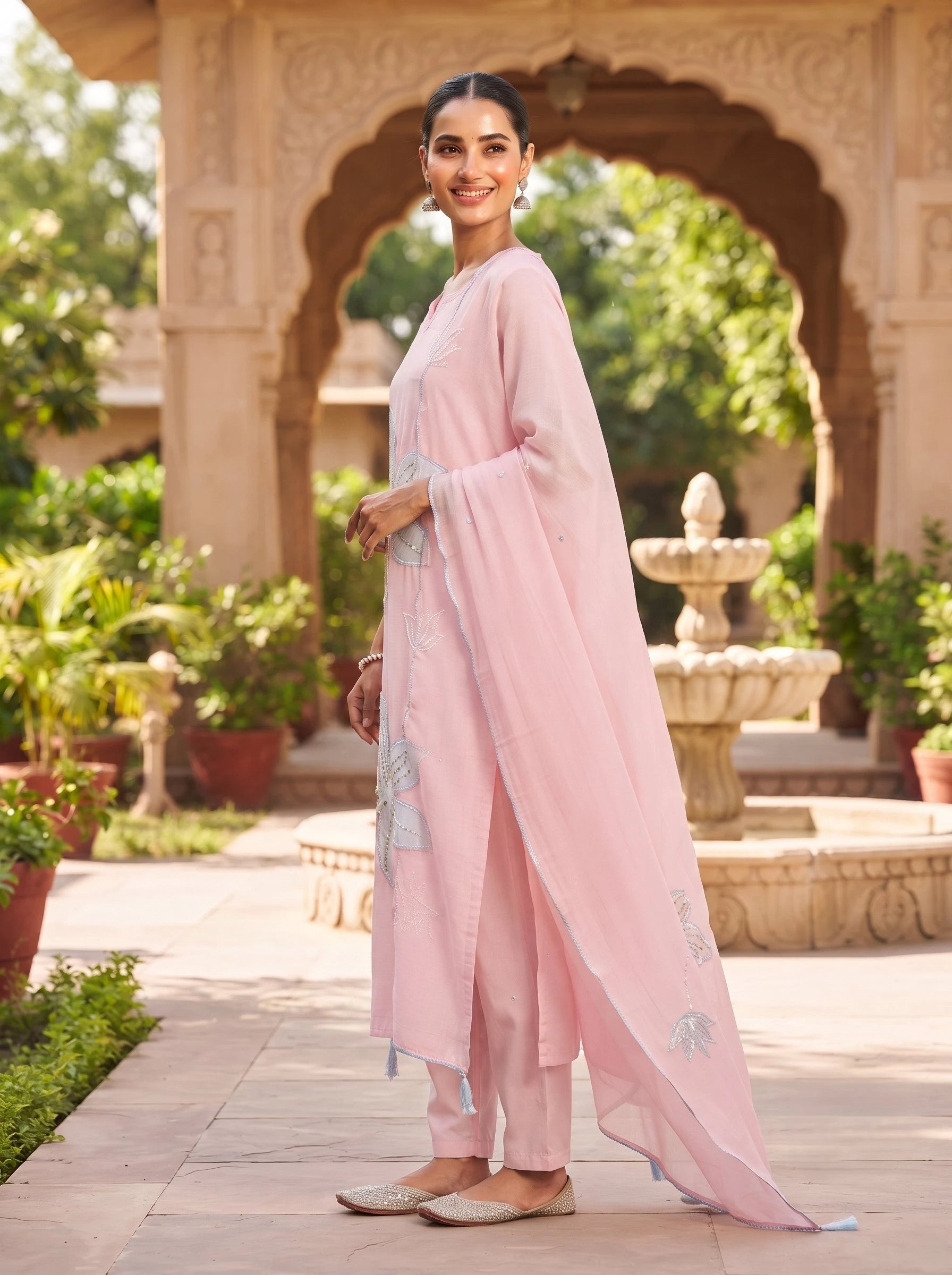 PASTEL PETAL HANDWORK PURE MUL CHANDERI  SUIT WITH DUPATTA