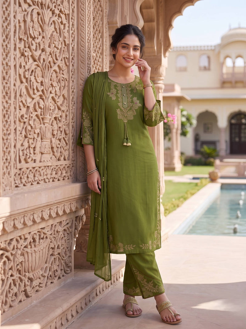 OLIVE GREEN  PURE COTTON THREADWORK SUIT WITH DUPATTA