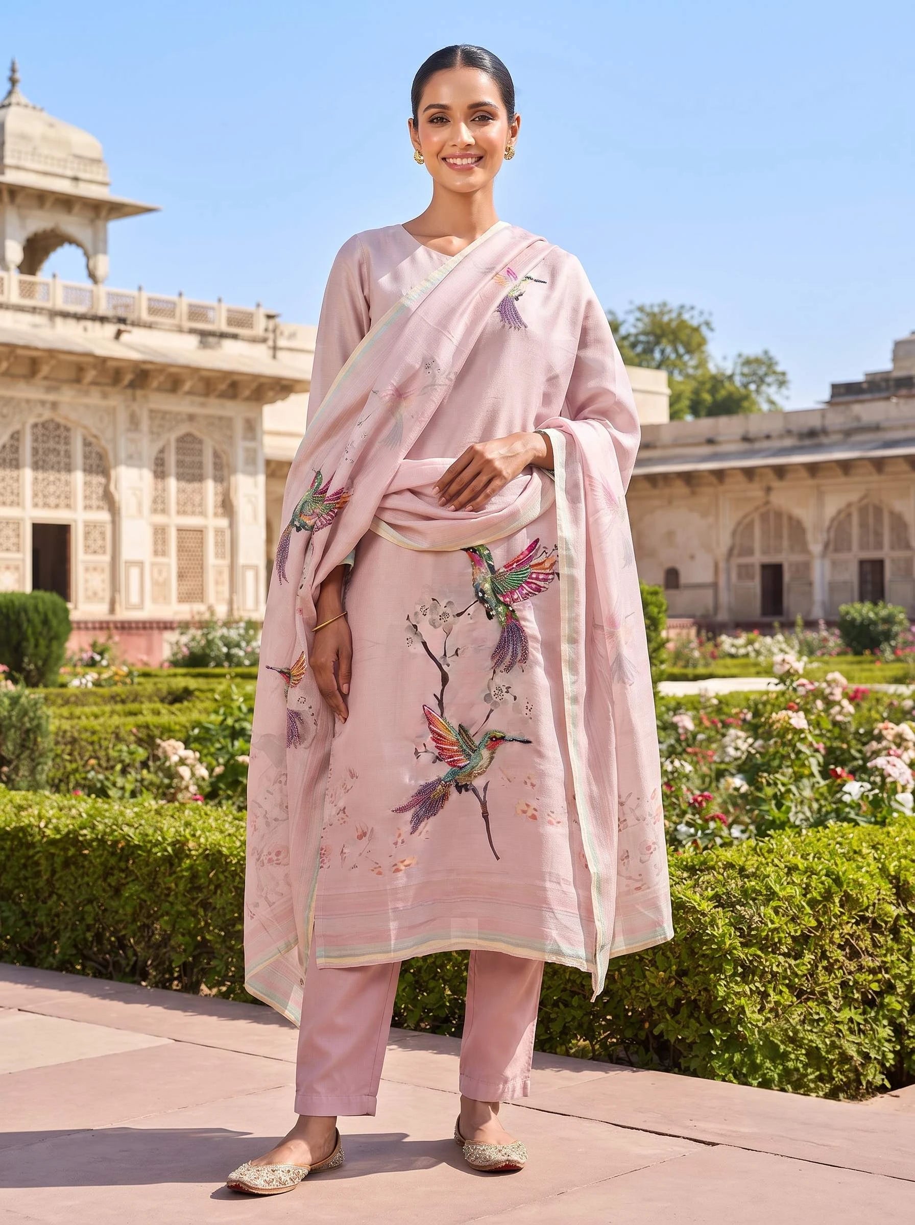 BULBUL ONION HANDWORK SHIMMER TISUUE SUIT SET
