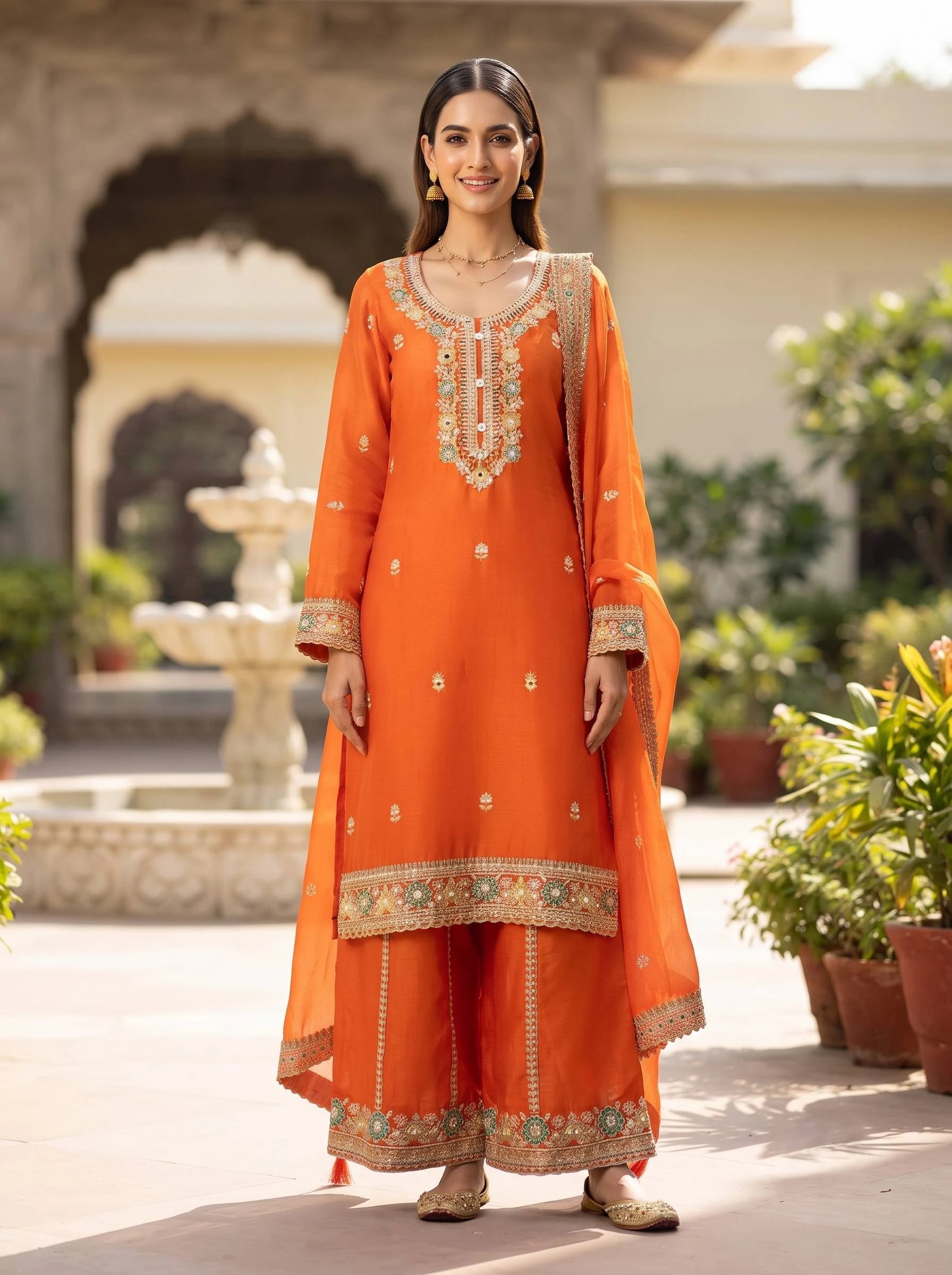 LEVANA ORANGE GARARA PURE CHIFFON SUIT WITH DUPATTA
