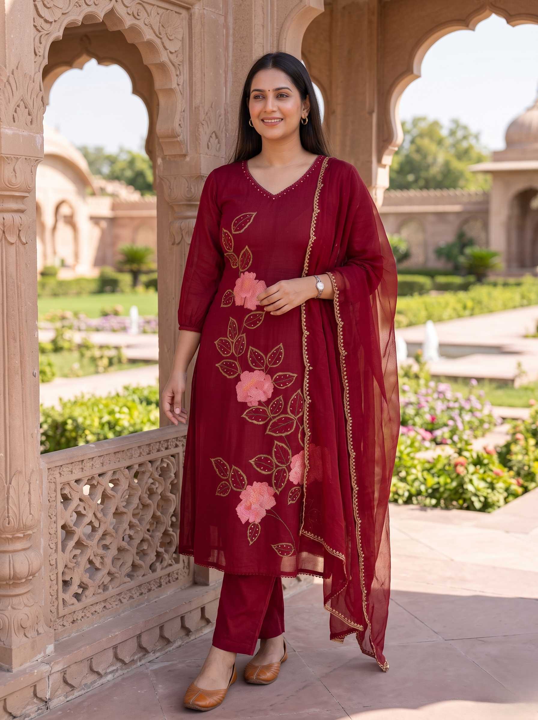MAROON ROSE ELEGANCE PURE MUL COTTON A-LINE SUIT
