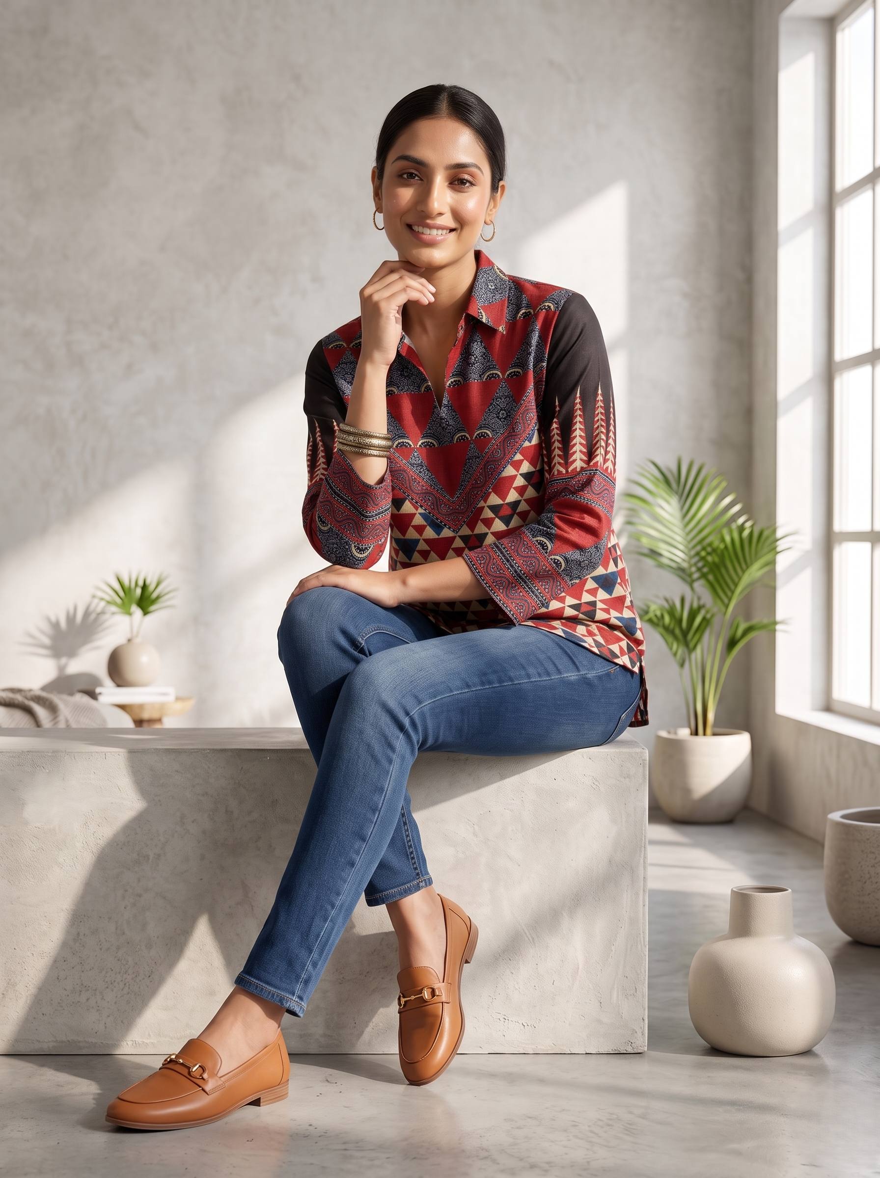VINTAGE AJRAKH  PRINTED PURE CREPE TOP