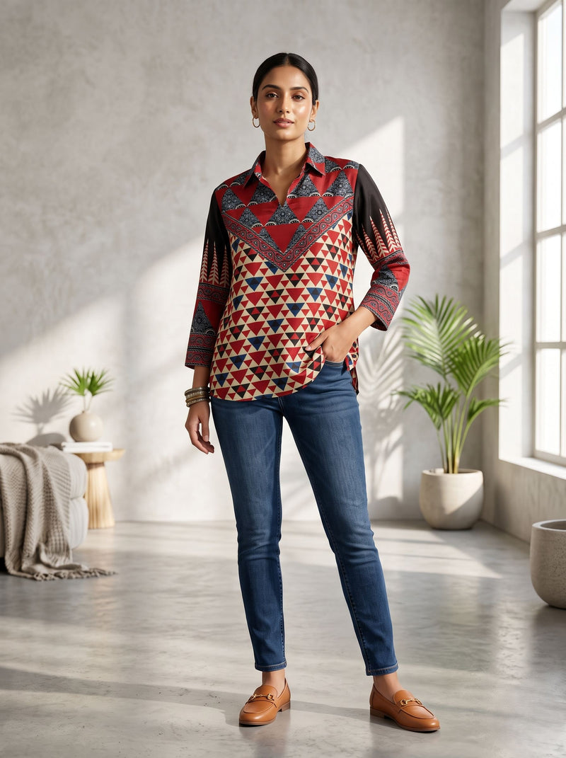 VINTAGE AJRAKH  PRINTED PURE CREPE TOP