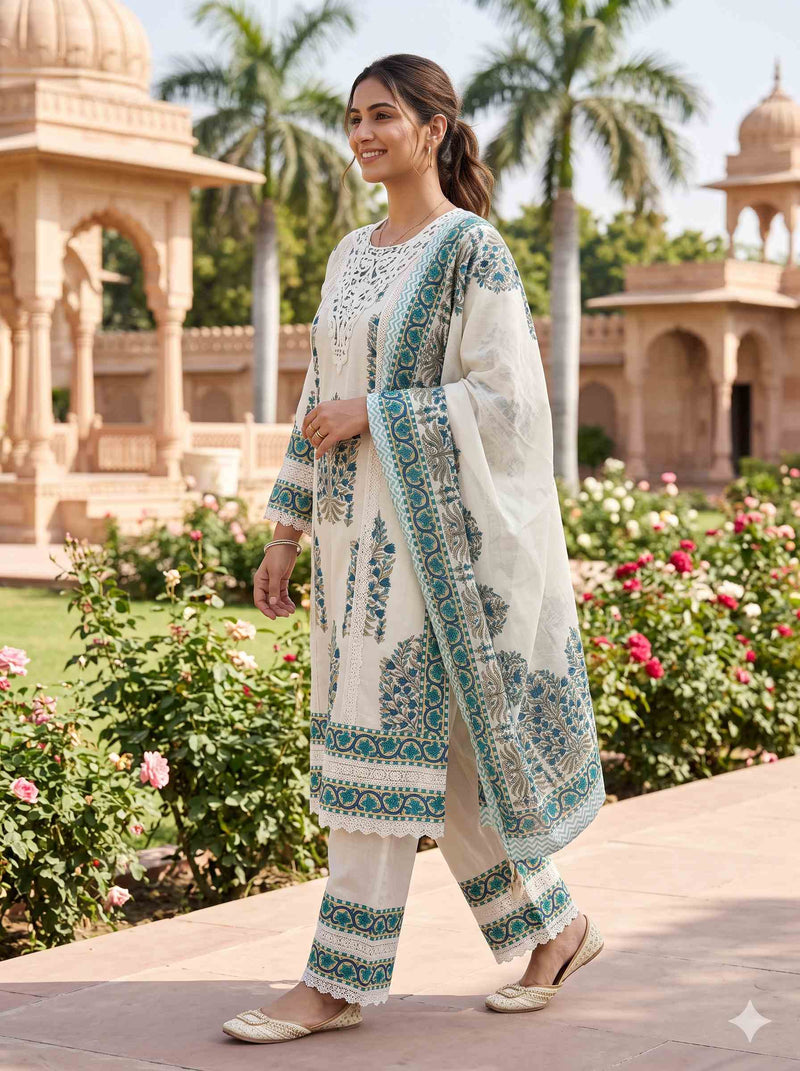SEA GREEN EMBROIDERED COTTON PAKISTANI SUIT WITH DUPATTA