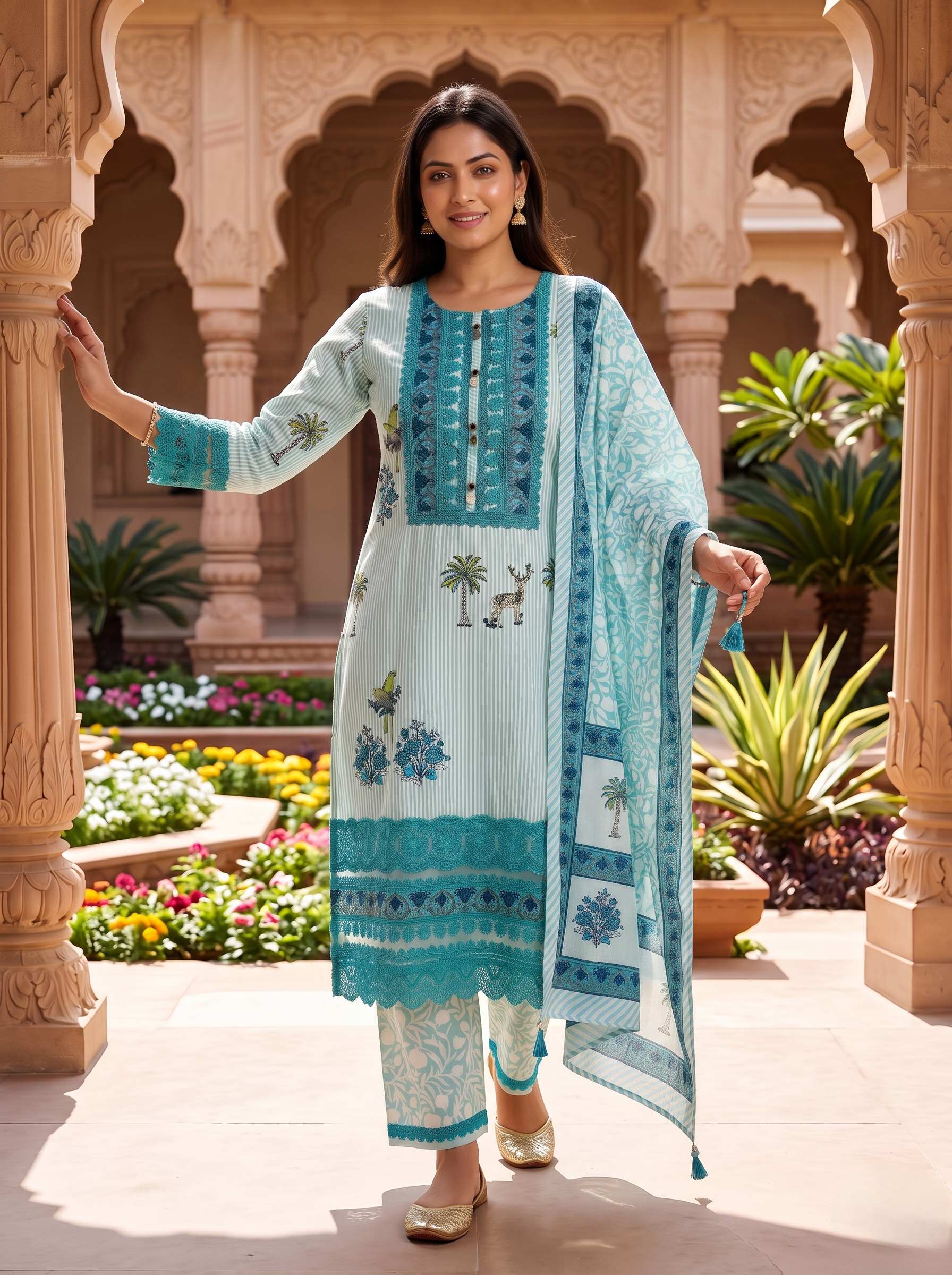 AQUA BLUE  EMBROIDERED COTTON PAKISTANI SUIT WITH DUPATTA