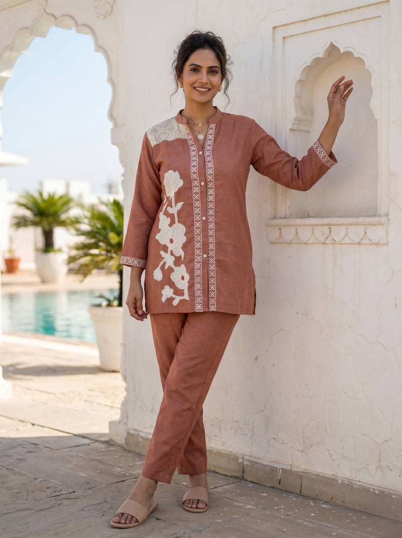 RUST BLOSSOM THREADWORK LINEN COTTON  CO-ORD SET