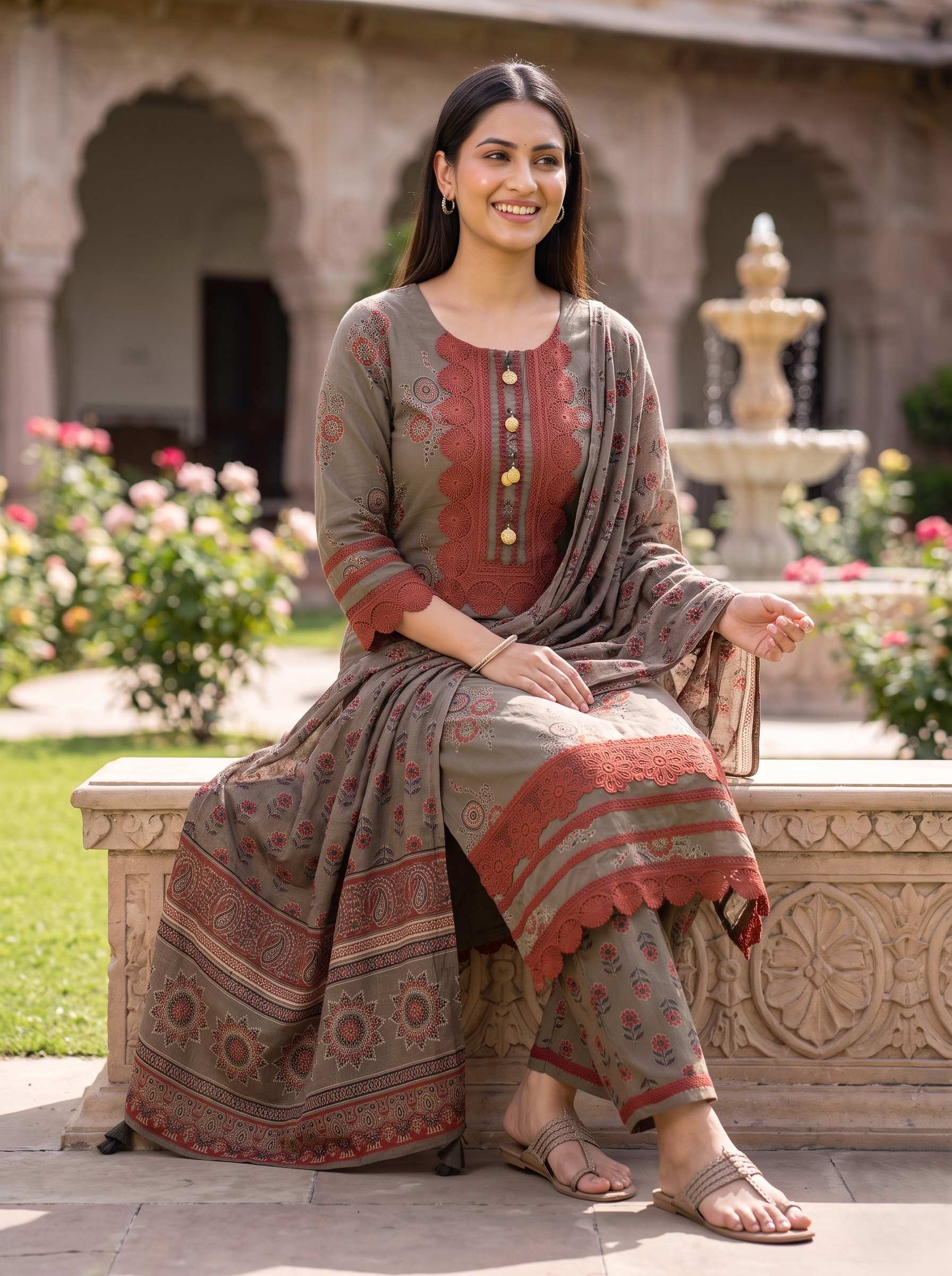 COFFEE BROWN EMBROIDERED COTTON PAKISTANI SUIT WITH DUPATTA