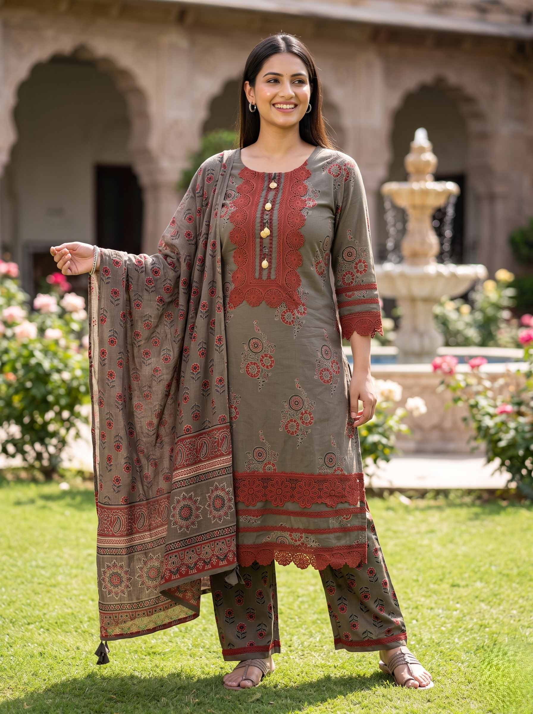 COFFEE BROWN EMBROIDERED COTTON PAKISTANI SUIT WITH DUPATTA
