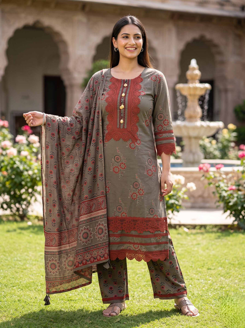 COFFEE BROWN EMBROIDERED COTTON PAKISTANI SUIT WITH DUPATTA