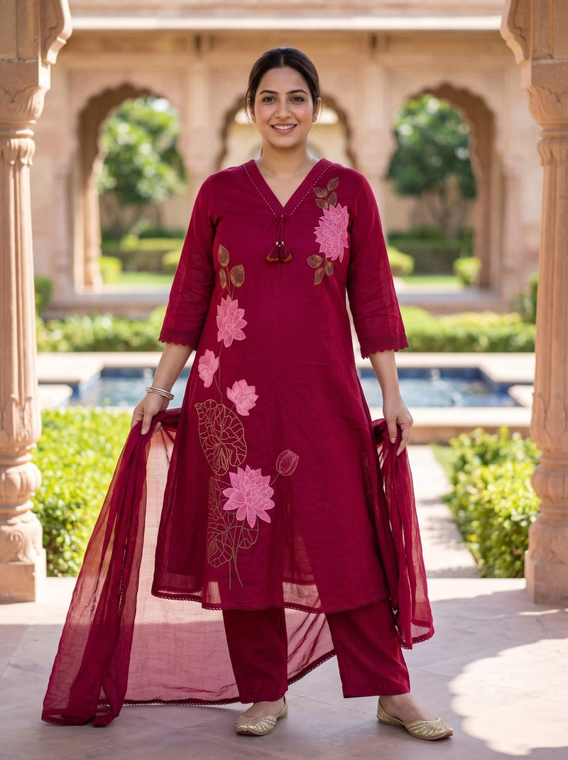 MAROON BLOSSOM THREADWORK A-LINE MUL COTTON SUIT