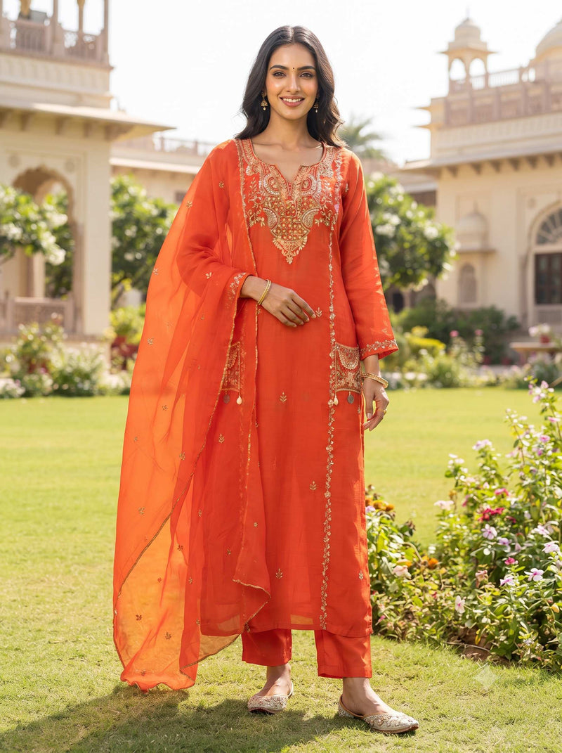 MEERA STRAIGHT HANDWORK POCKET PURE SILK SUIT SET