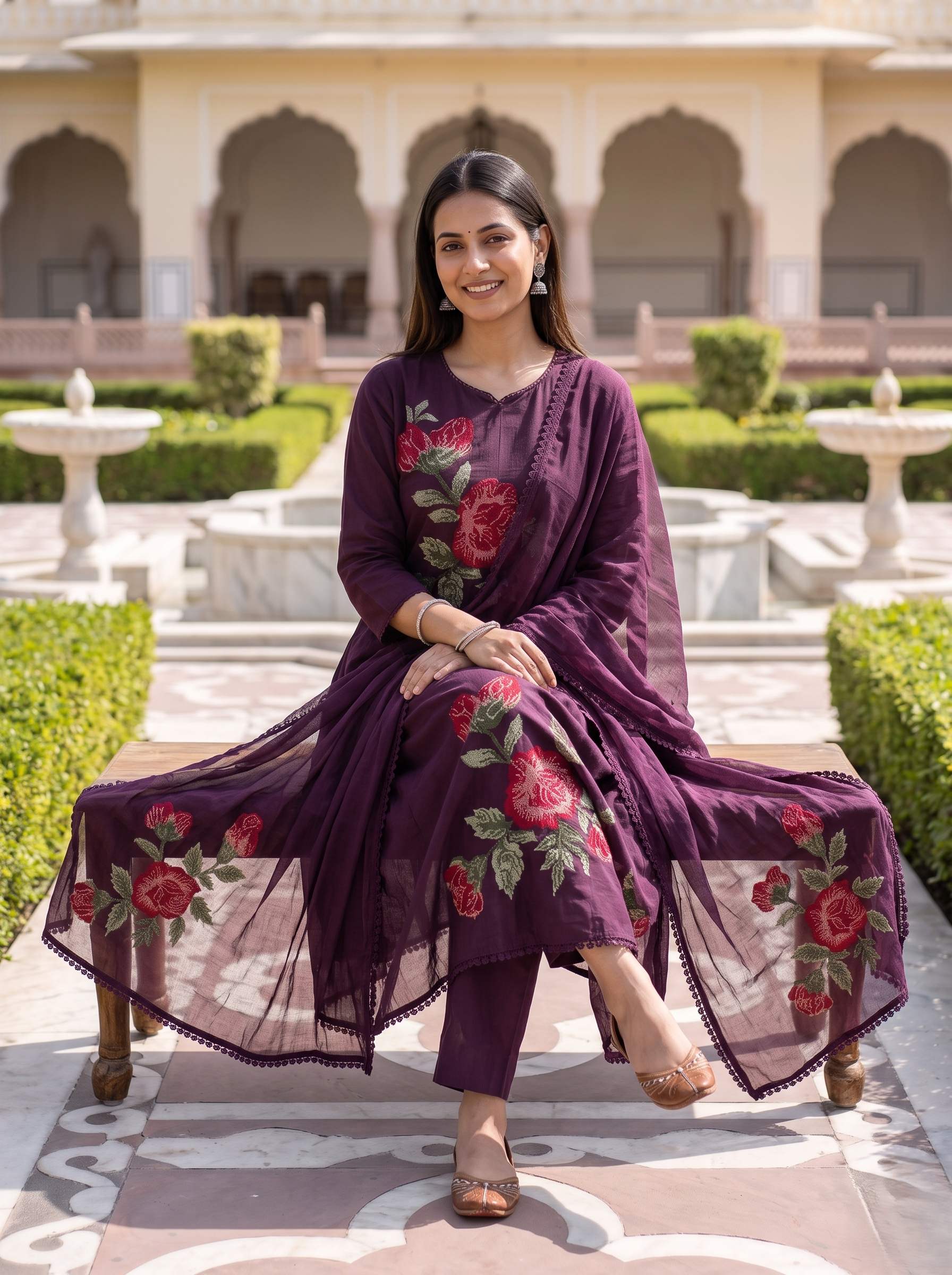 PLUM WINE EMBROIDERED PURE MUL COTTON A-LINE SUIT