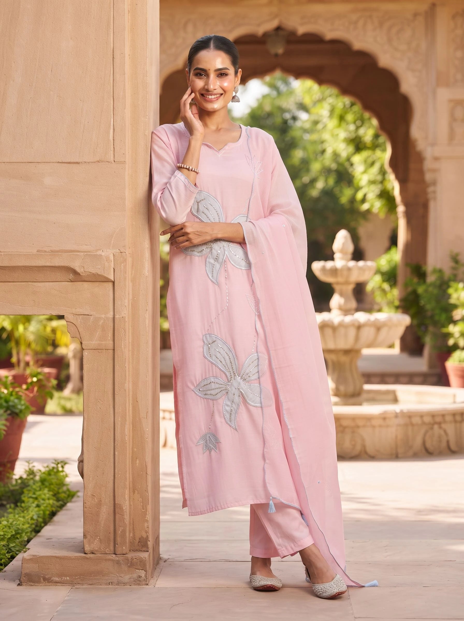 PASTEL PETAL HANDWORK PURE MUL CHANDERI  SUIT WITH DUPATTA