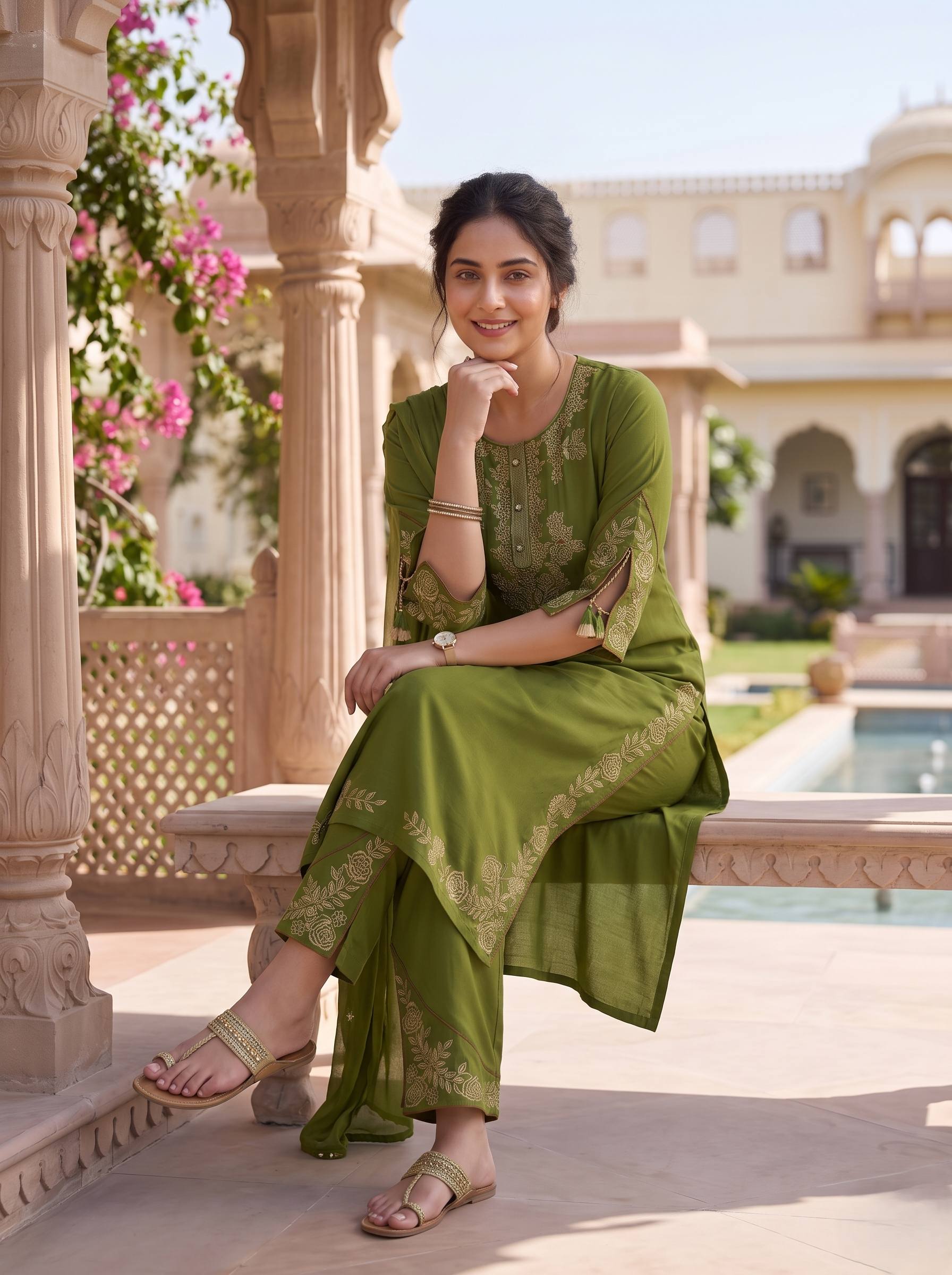 OLIVE GREEN  PURE COTTON THREADWORK SUIT WITH DUPATTA