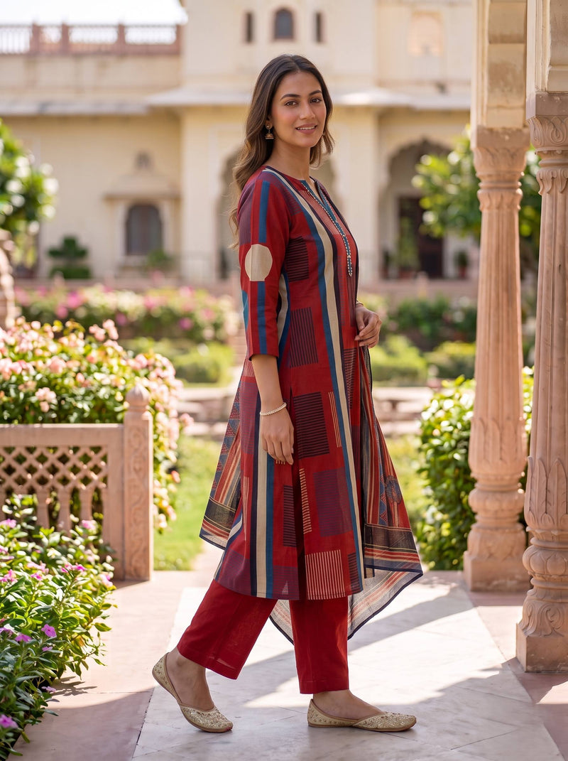 RUSTIC GEOMETRIC GRACE PURE COTTON THREADWORK A-LINE  SUIT